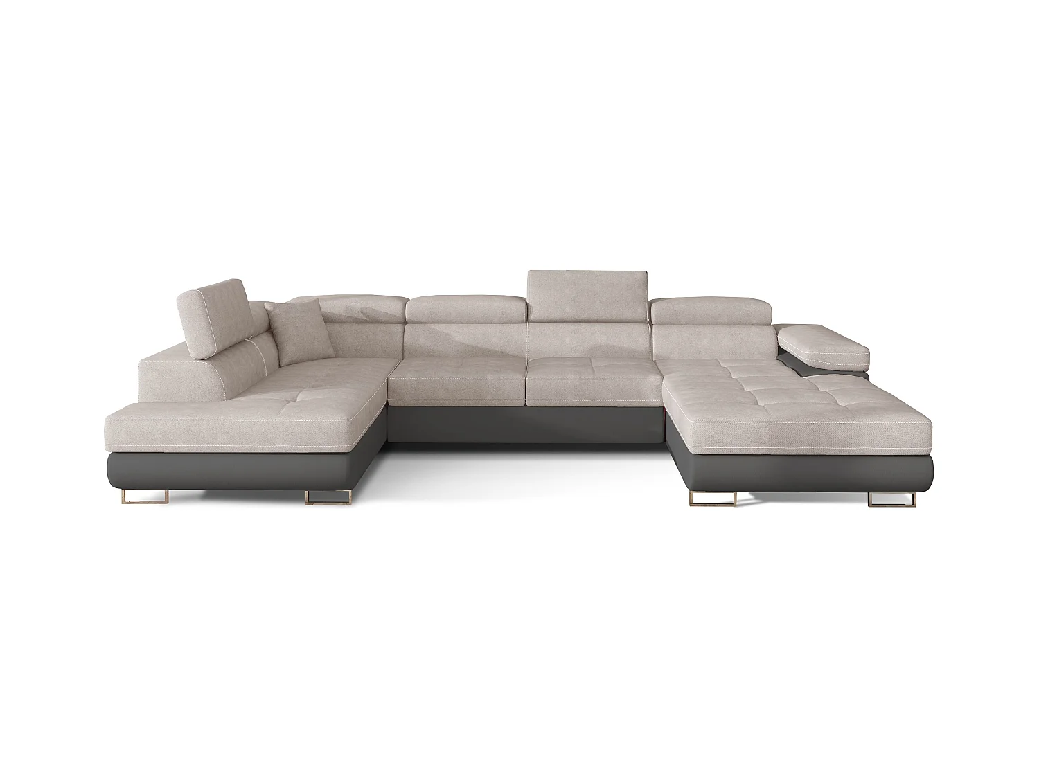 Canapé panoramique convertible ROMANO - Rangement et appuie-têtes réglables-Gris foncé/Beige clair-Coffre à gauche