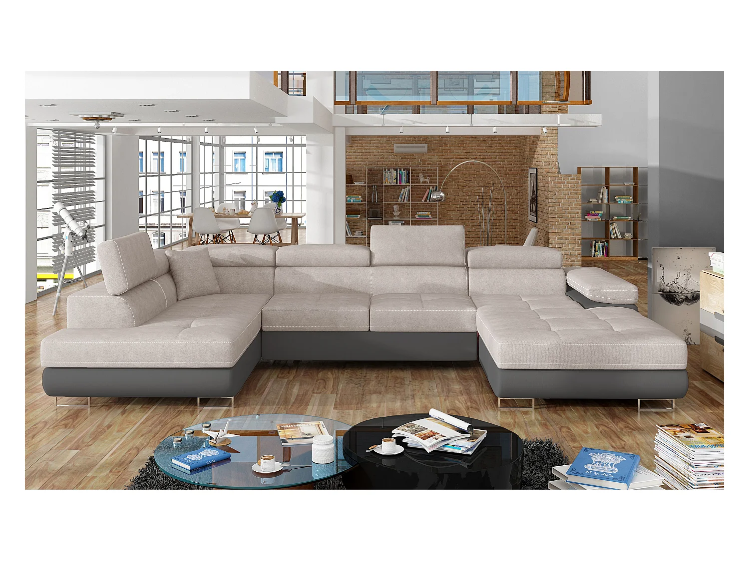 Canapé panoramique convertible ROMANO - Rangement et appuie-têtes réglables-Gris foncé/Beige clair-Coffre à gauche