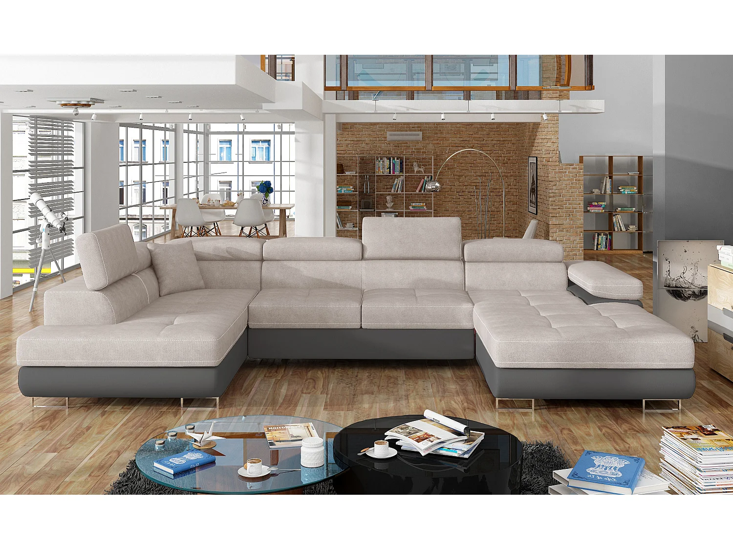 Canapé panoramique convertible ROMANO - Rangement et appuie-têtes réglables-Gris foncé/Beige clair-Coffre à gauche