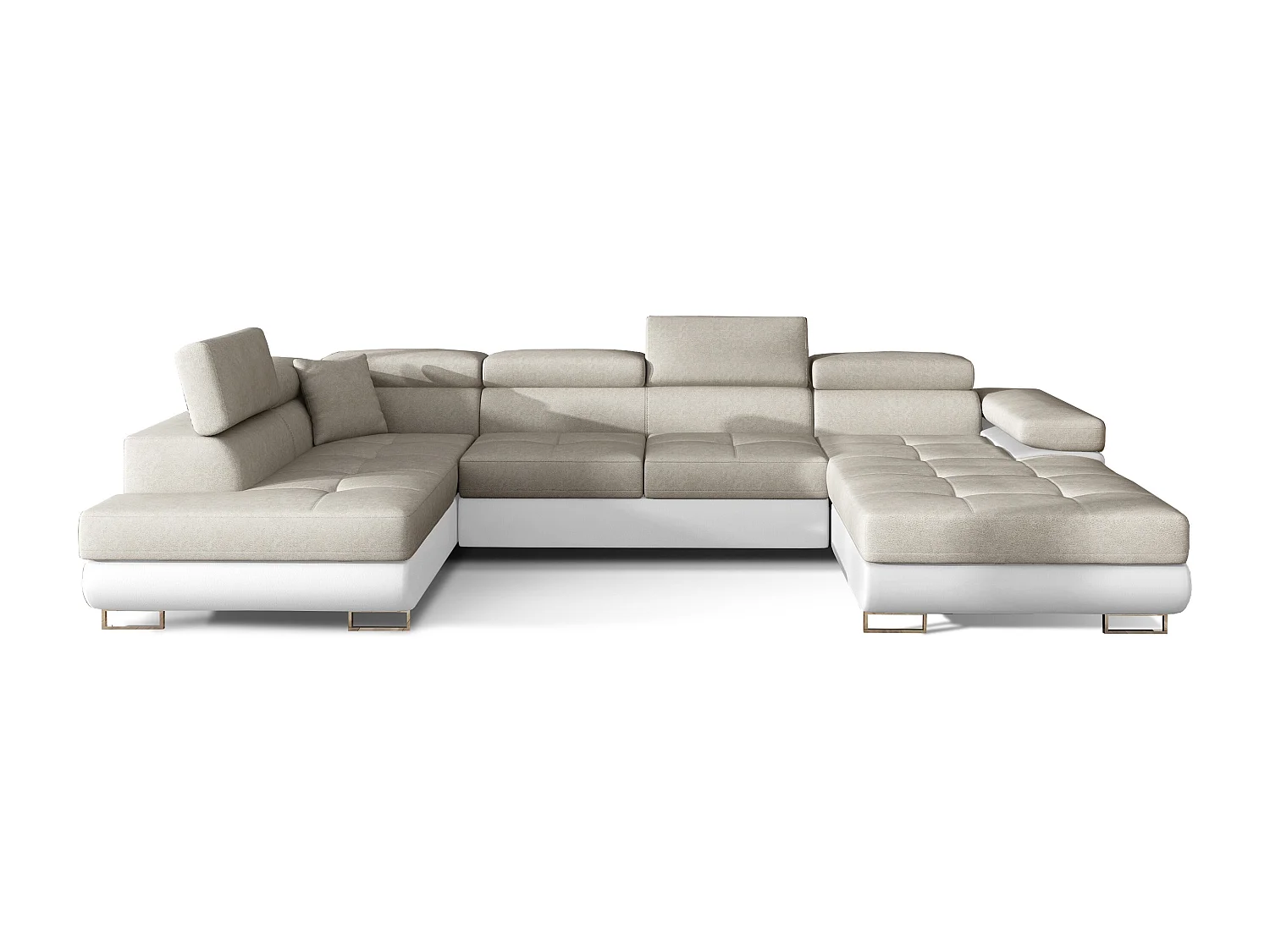 Canapé panoramique convertible ROMANO - Rangement et appuie-têtes réglables-Gris foncé/Beige clair-Coffre à gauche