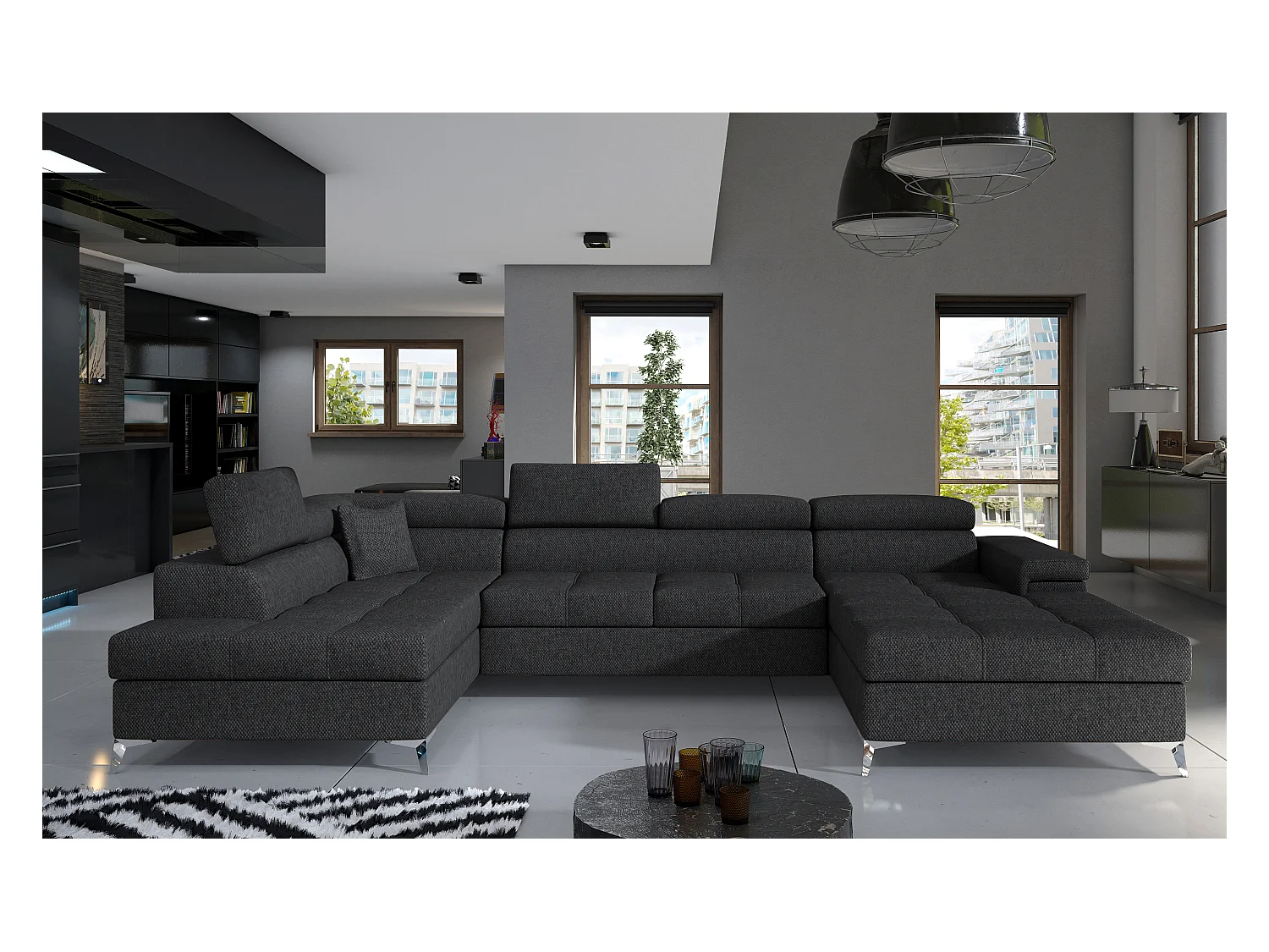 Canapé panoramique convertible KUTTY tissu - Rangement et appuie-têtes réglables-Gris foncé chiné-angle gauche