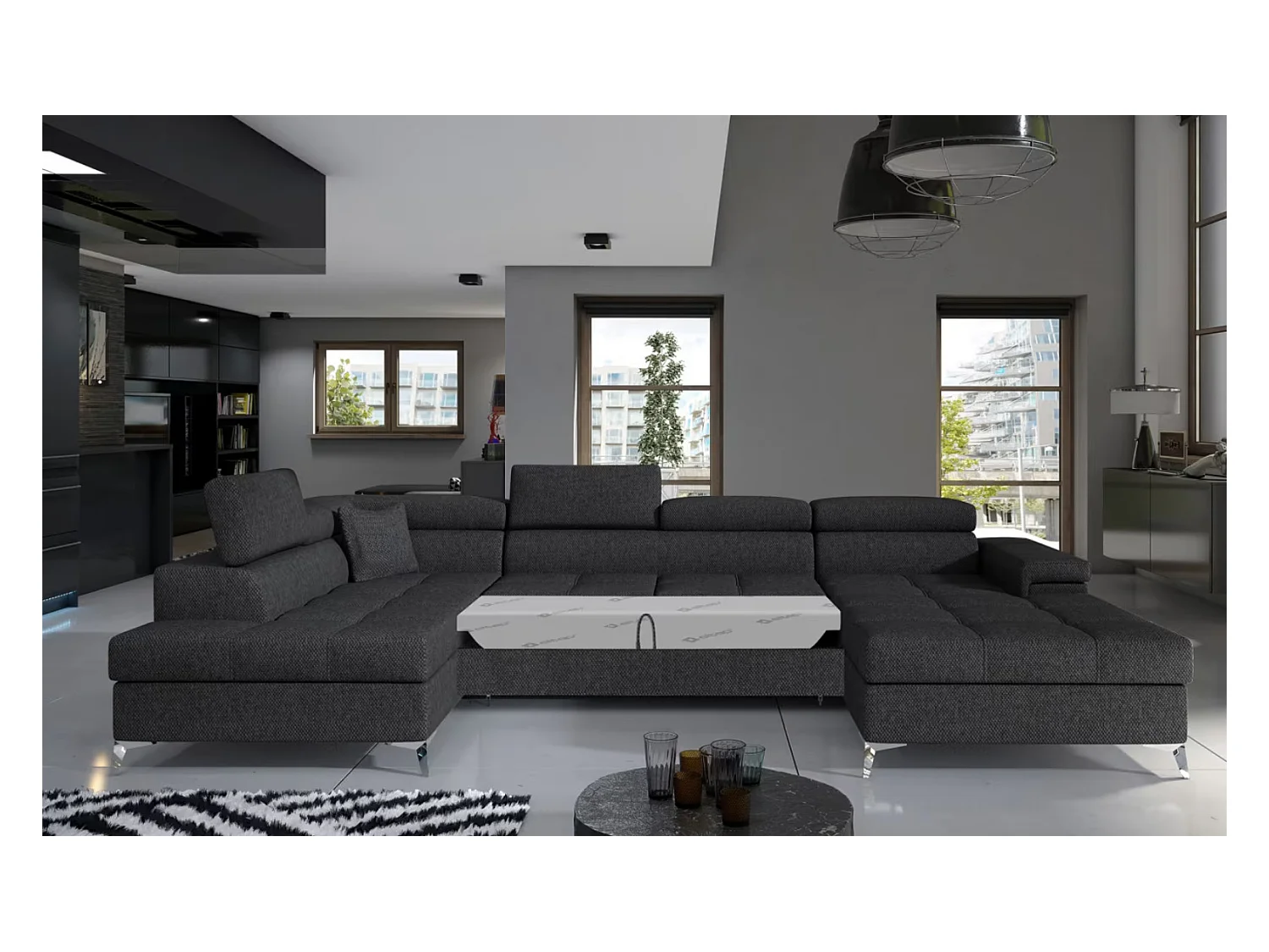 Canapé panoramique convertible KUTTY tissu - Rangement et appuie-têtes réglables-Gris foncé chiné-angle gauche