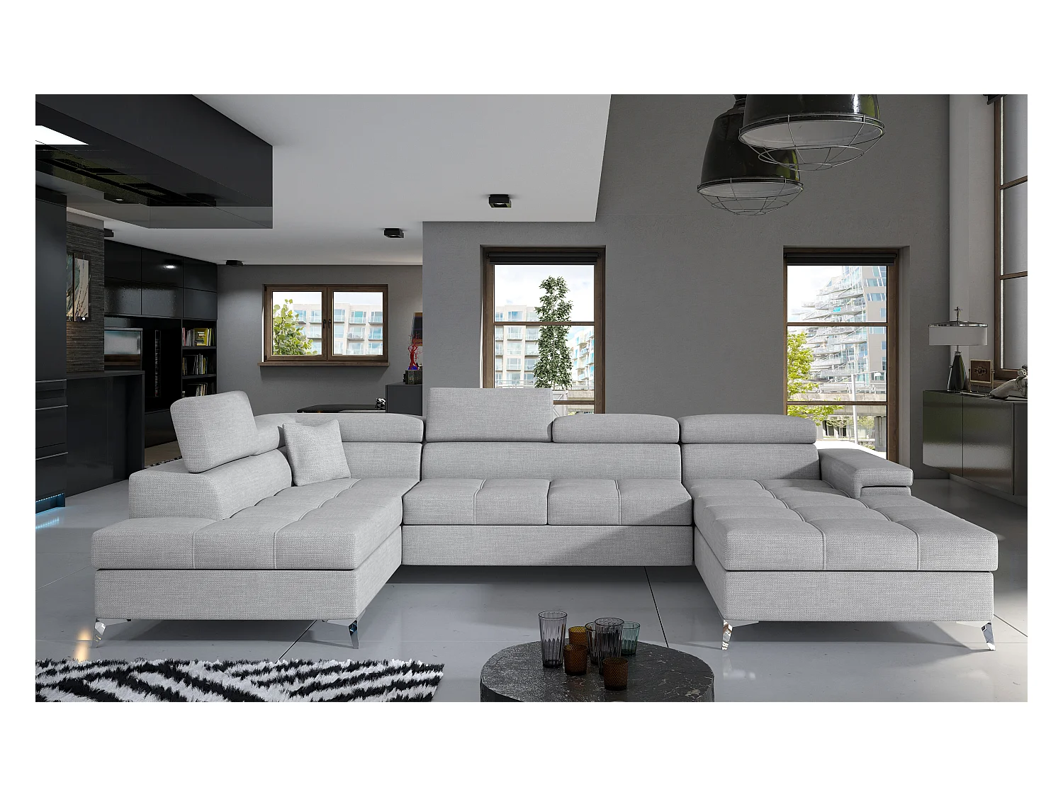 Canapé panoramique convertible KUTTY tissu - Rangement et appuie-têtes réglables-Gris foncé chiné-angle gauche