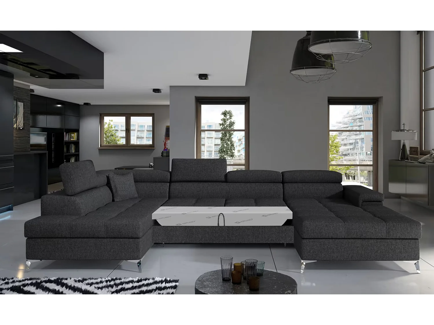 Canapé panoramique convertible KUTTY tissu - Rangement et appuie-têtes réglables-Gris foncé chiné-angle gauche