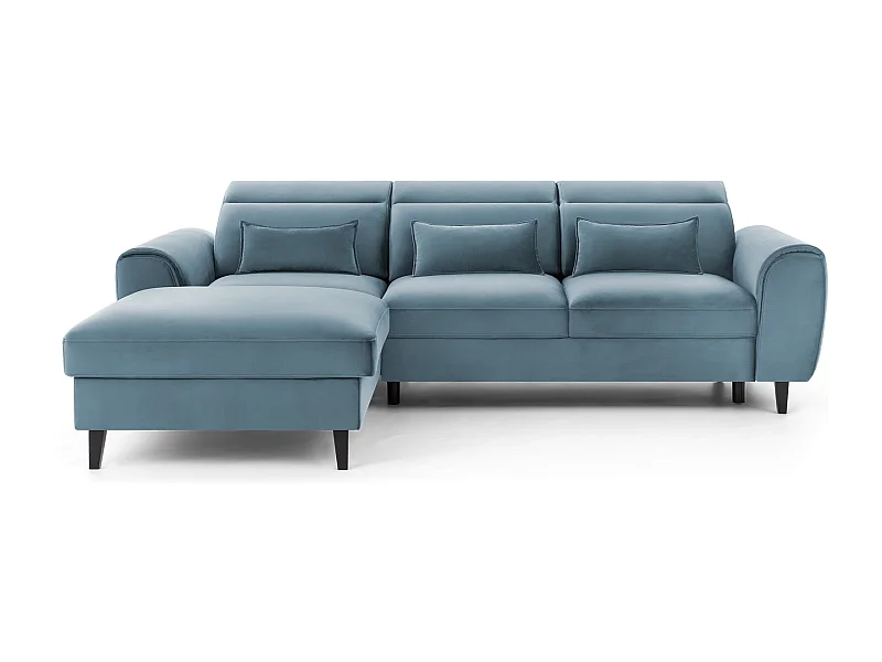 Canapé d'angle convertible velours appuis-tête réglables ASTORIA - Coffre et pieds bois noir-Bleu clair-angle gauche