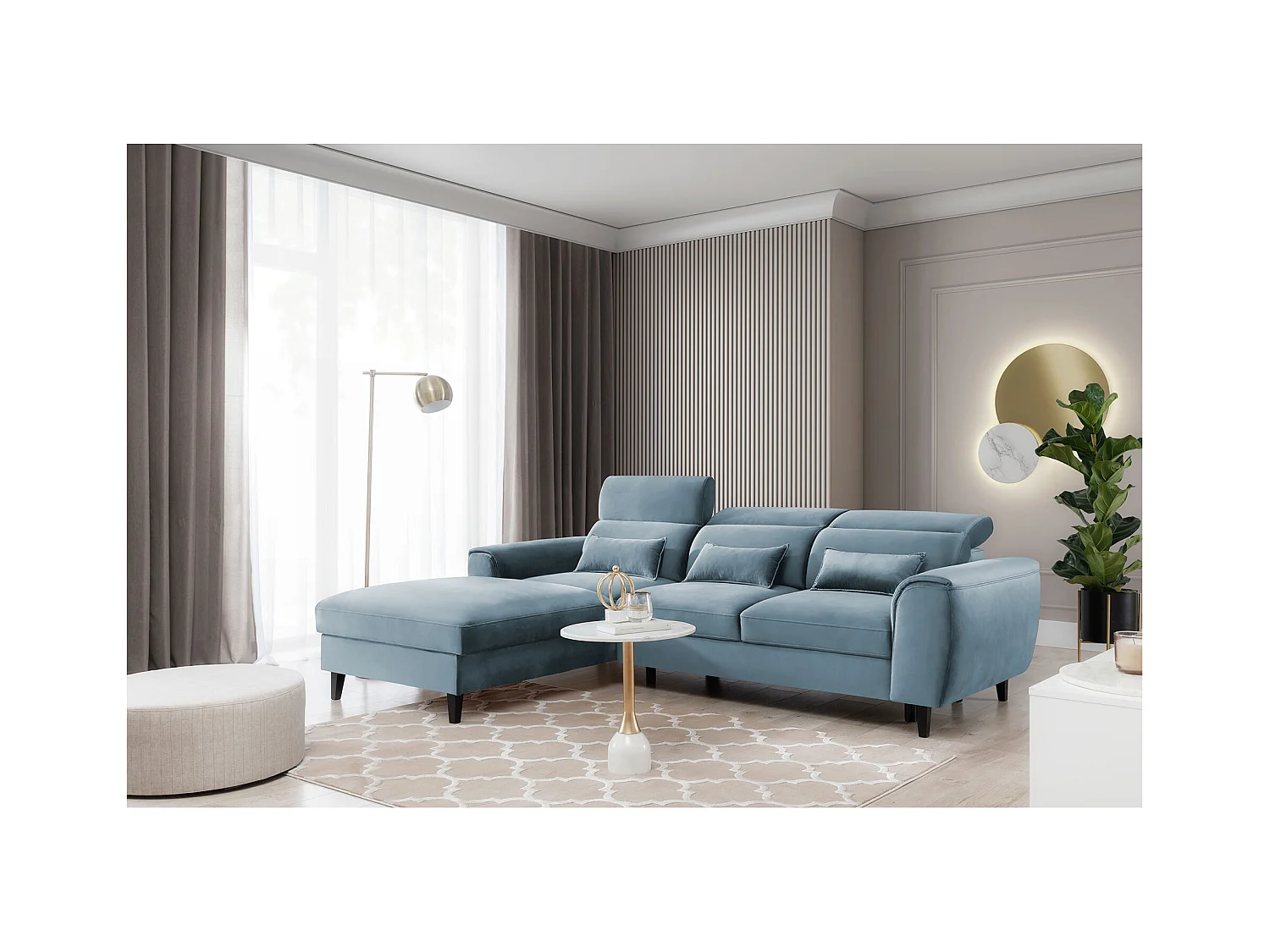 Canapé d'angle convertible velours appuis-tête réglables ASTORIA - Coffre et pieds bois noir-Bleu clair-angle gauche