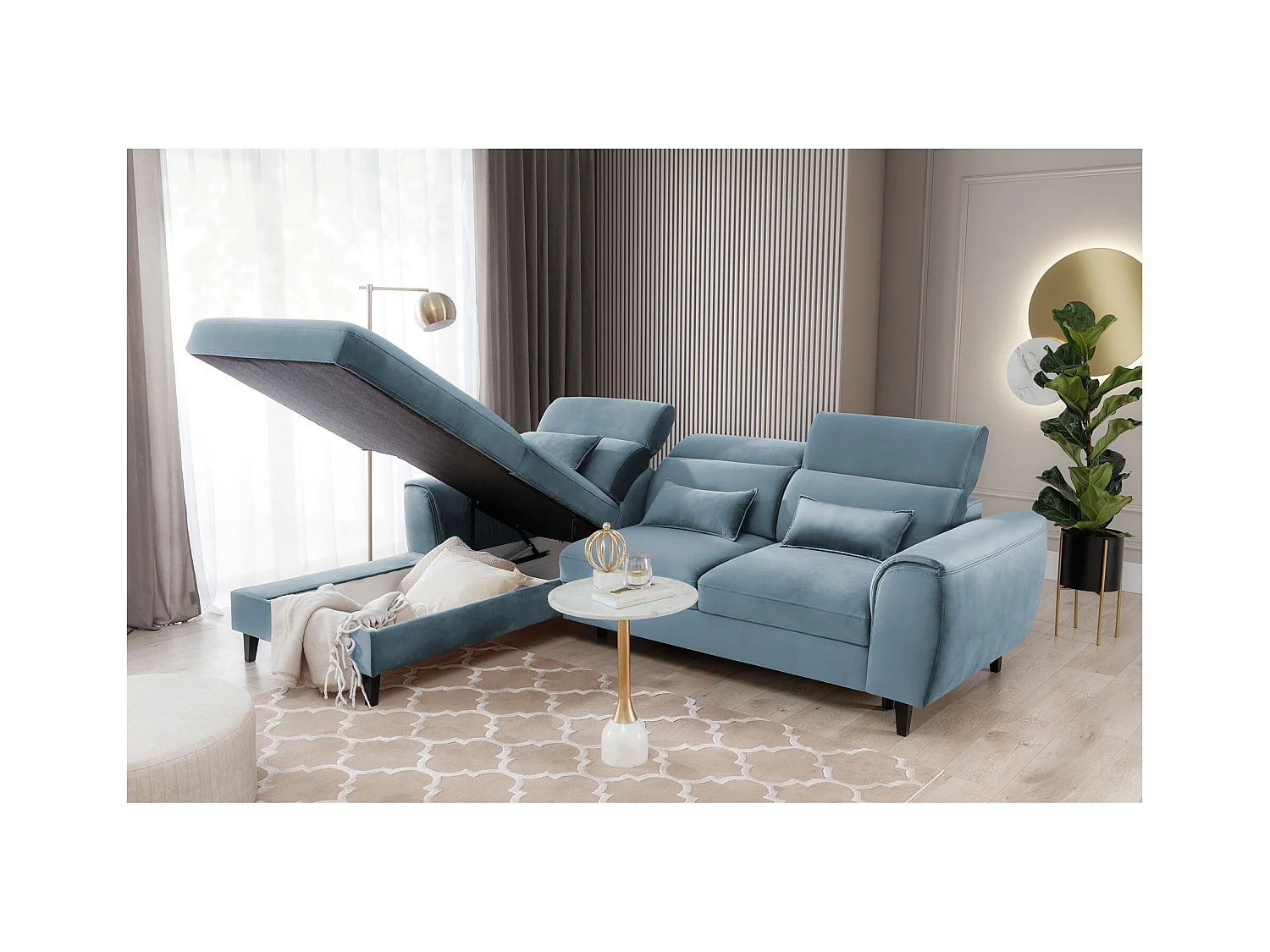 Canapé d'angle convertible velours appuis-tête réglables ASTORIA - Coffre et pieds bois noir-Bleu clair-angle gauche