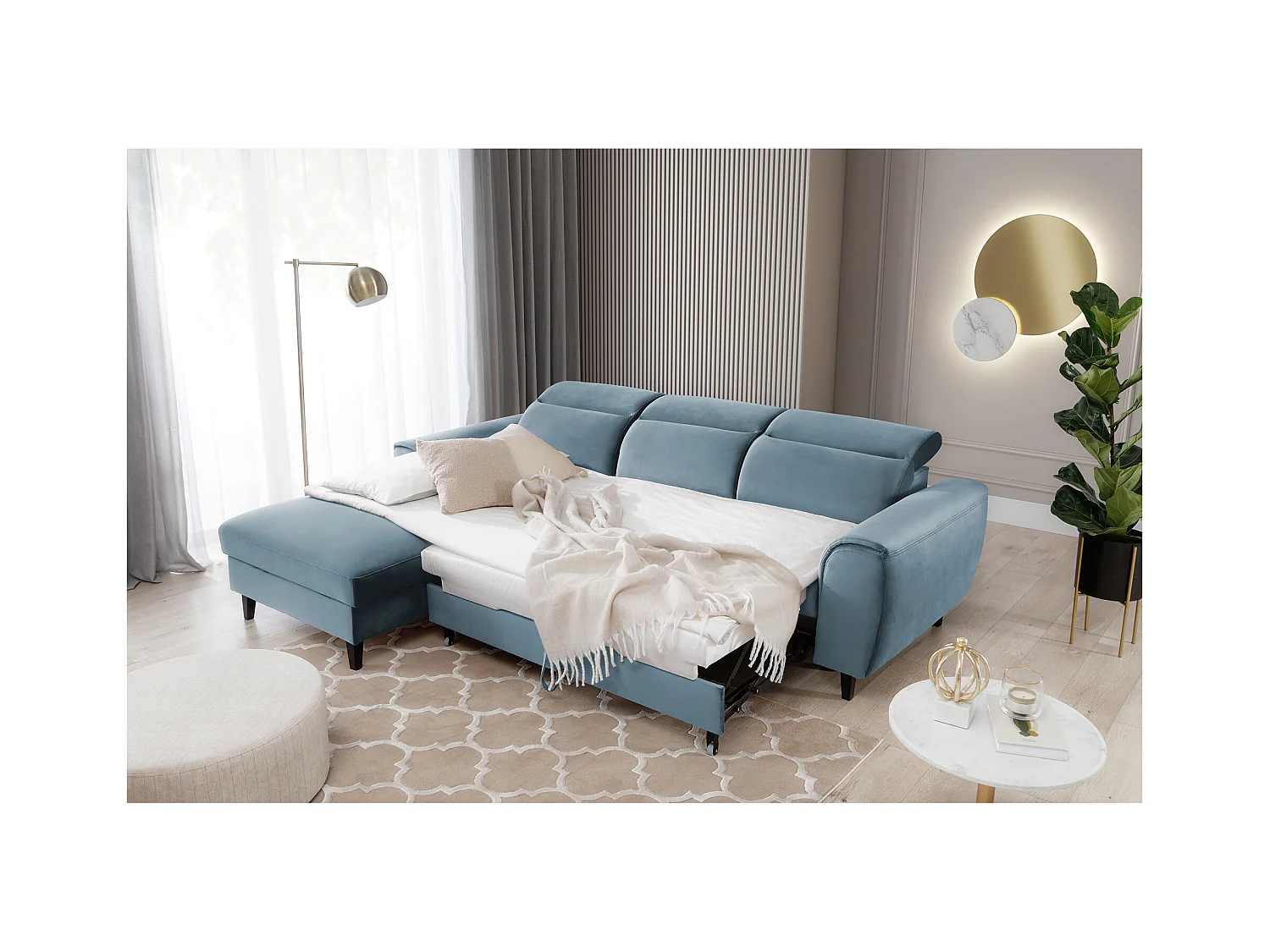 Canapé d'angle convertible velours appuis-tête réglables ASTORIA - Coffre et pieds bois noir-Bleu clair-angle gauche