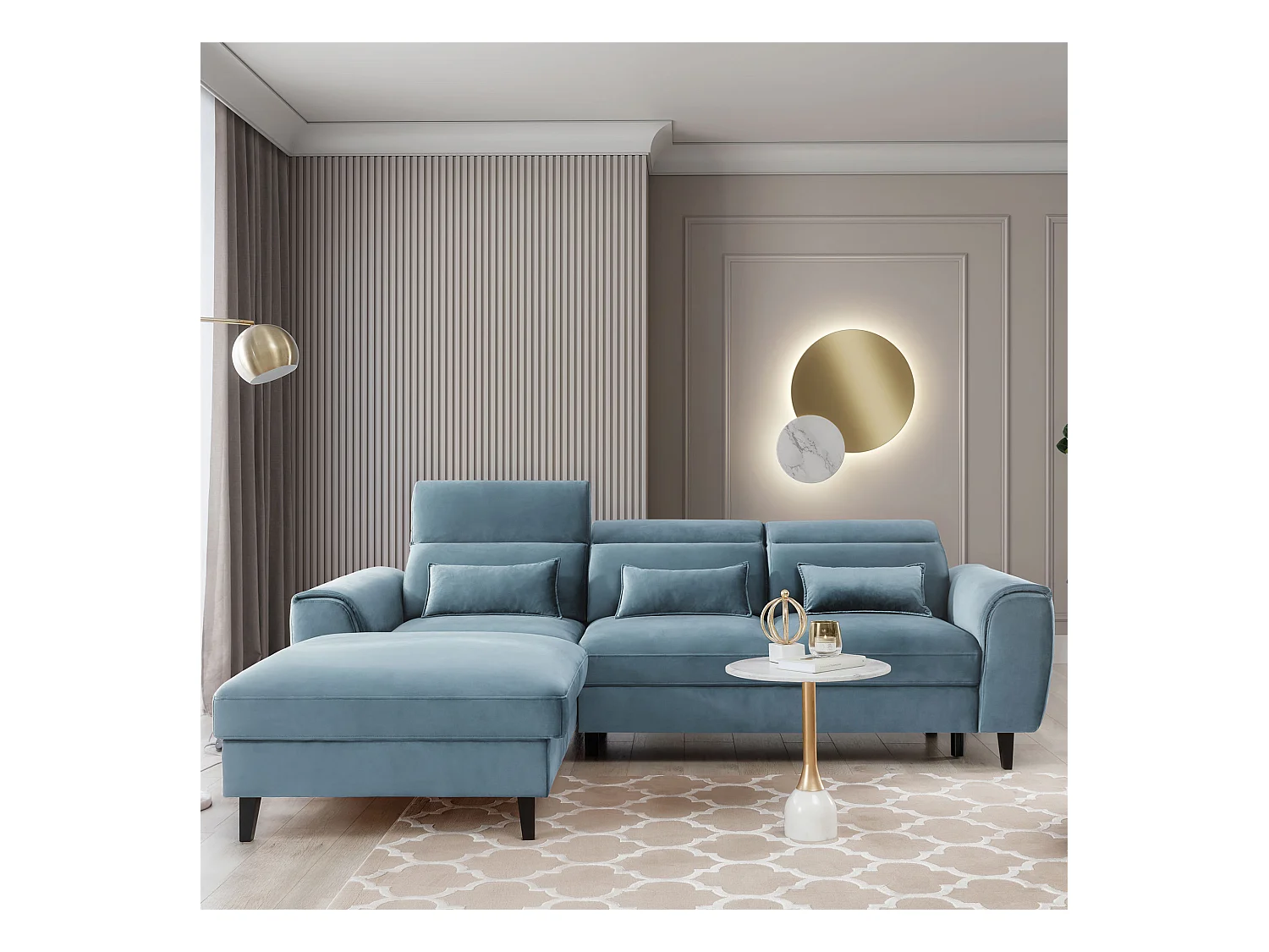 Canapé d'angle convertible velours appuis-tête réglables ASTORIA - Coffre et pieds bois noir-Bleu clair-angle gauche