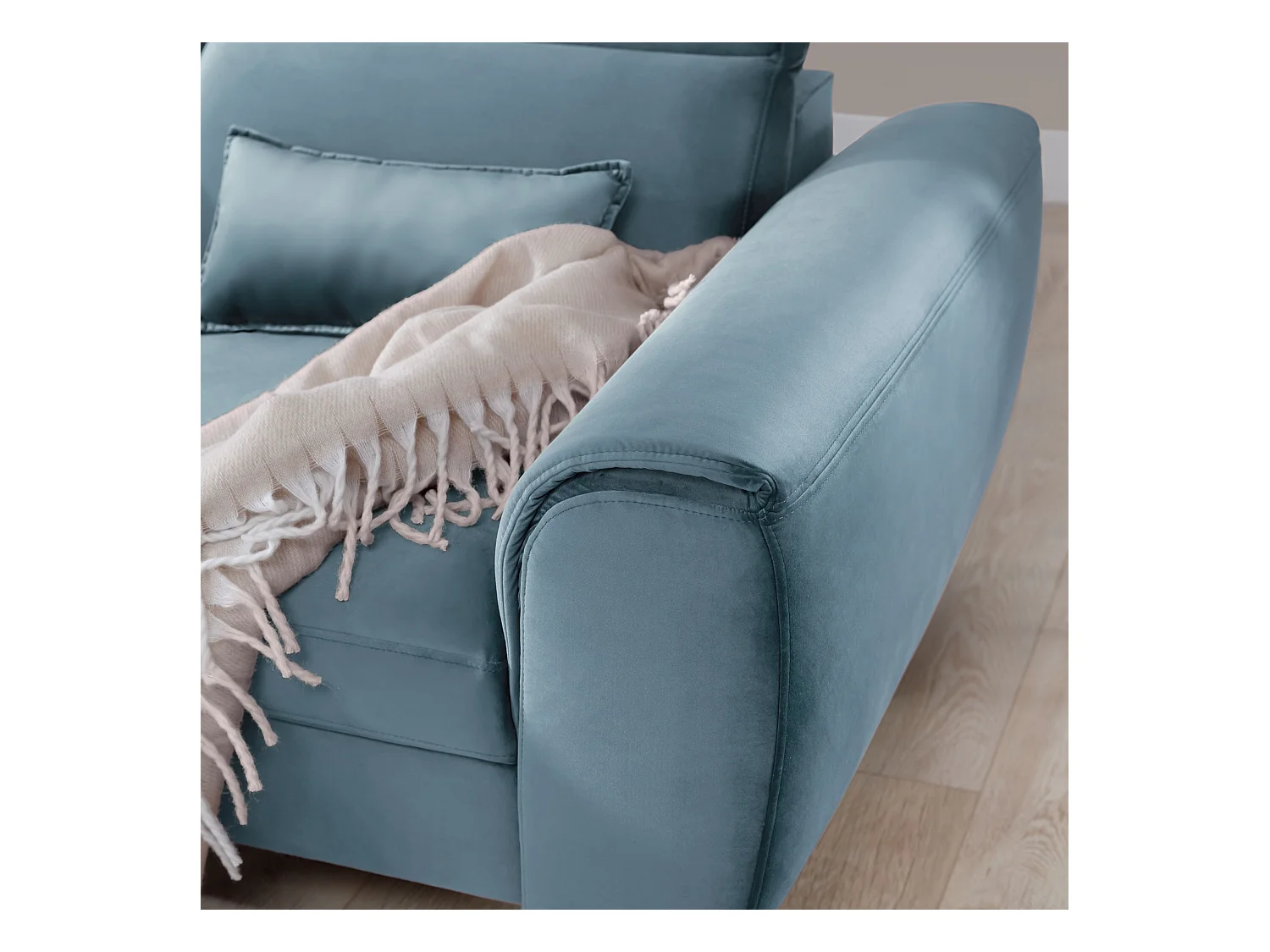 Canapé d'angle convertible velours appuis-tête réglables ASTORIA - Coffre et pieds bois noir-Bleu clair-angle gauche