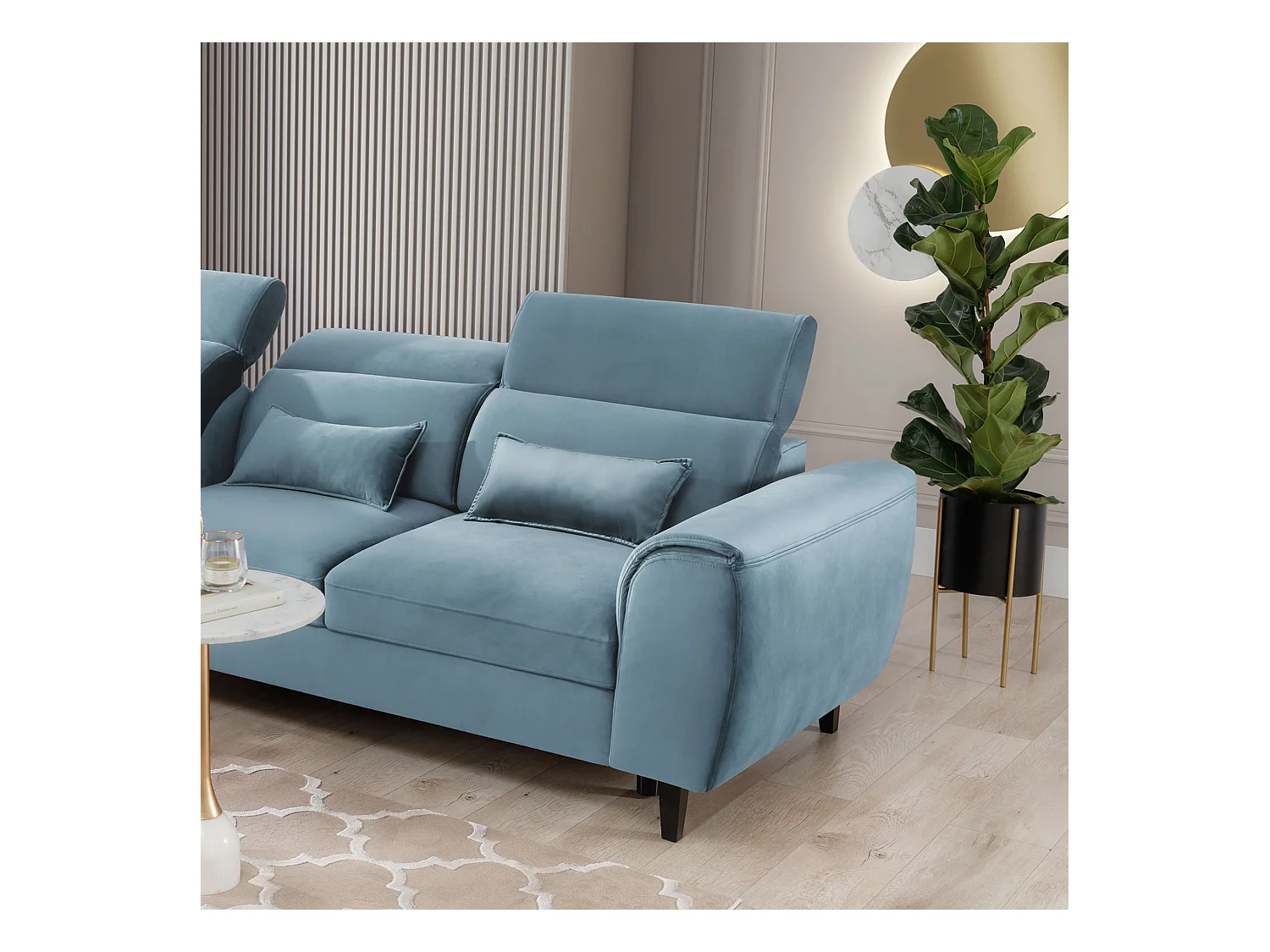 Canapé d'angle convertible velours appuis-tête réglables ASTORIA - Coffre et pieds bois noir-Bleu clair-angle gauche