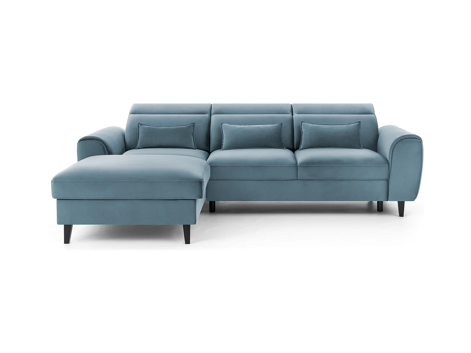 Canapé d'angle convertible velours appuis-tête réglables ASTORIA - Coffre et pieds bois noir-Bleu clair-angle gauche