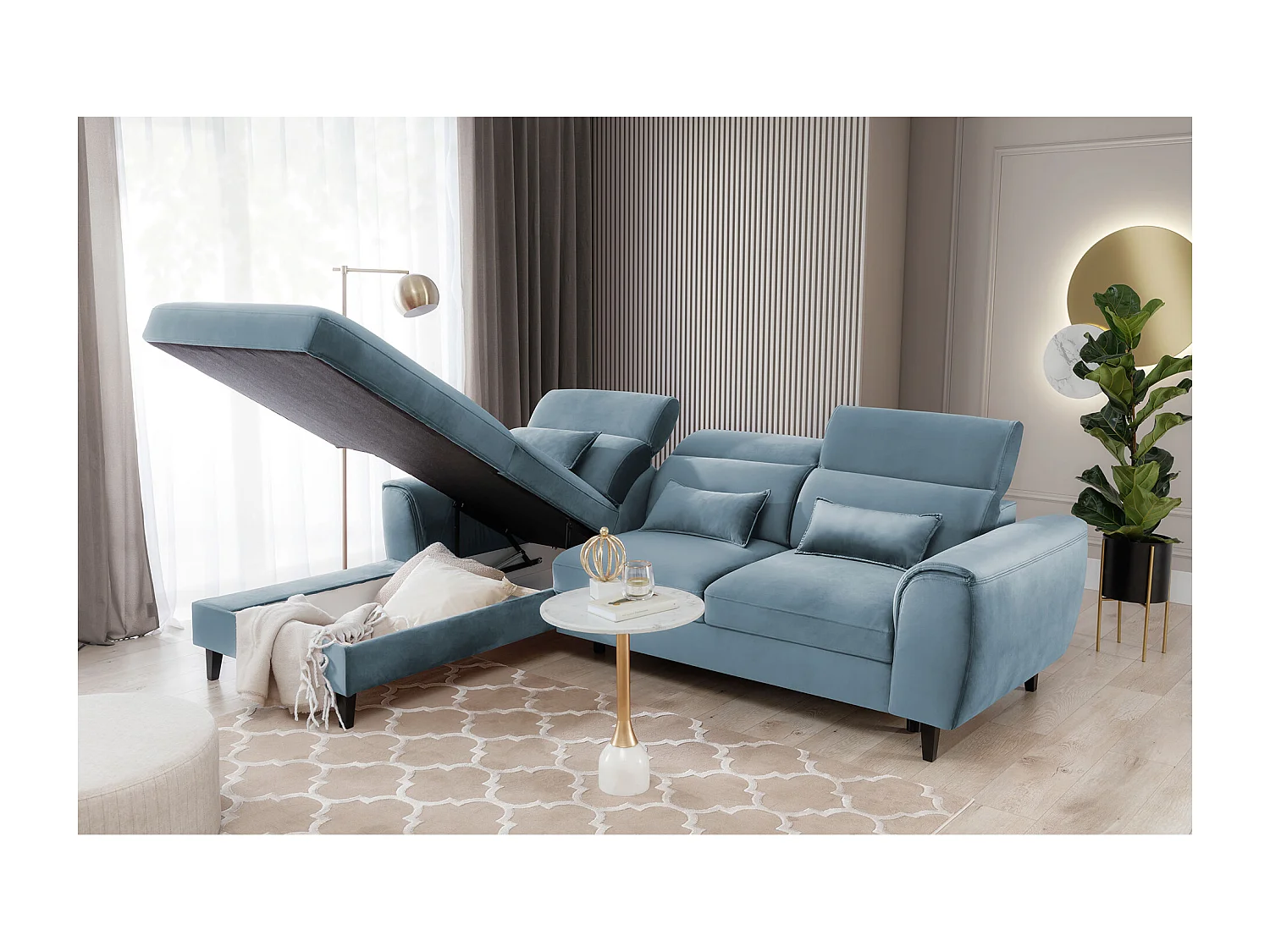 Canapé d'angle convertible velours appuis-tête réglables ASTORIA - Coffre et pieds bois noir-Bleu clair-angle gauche