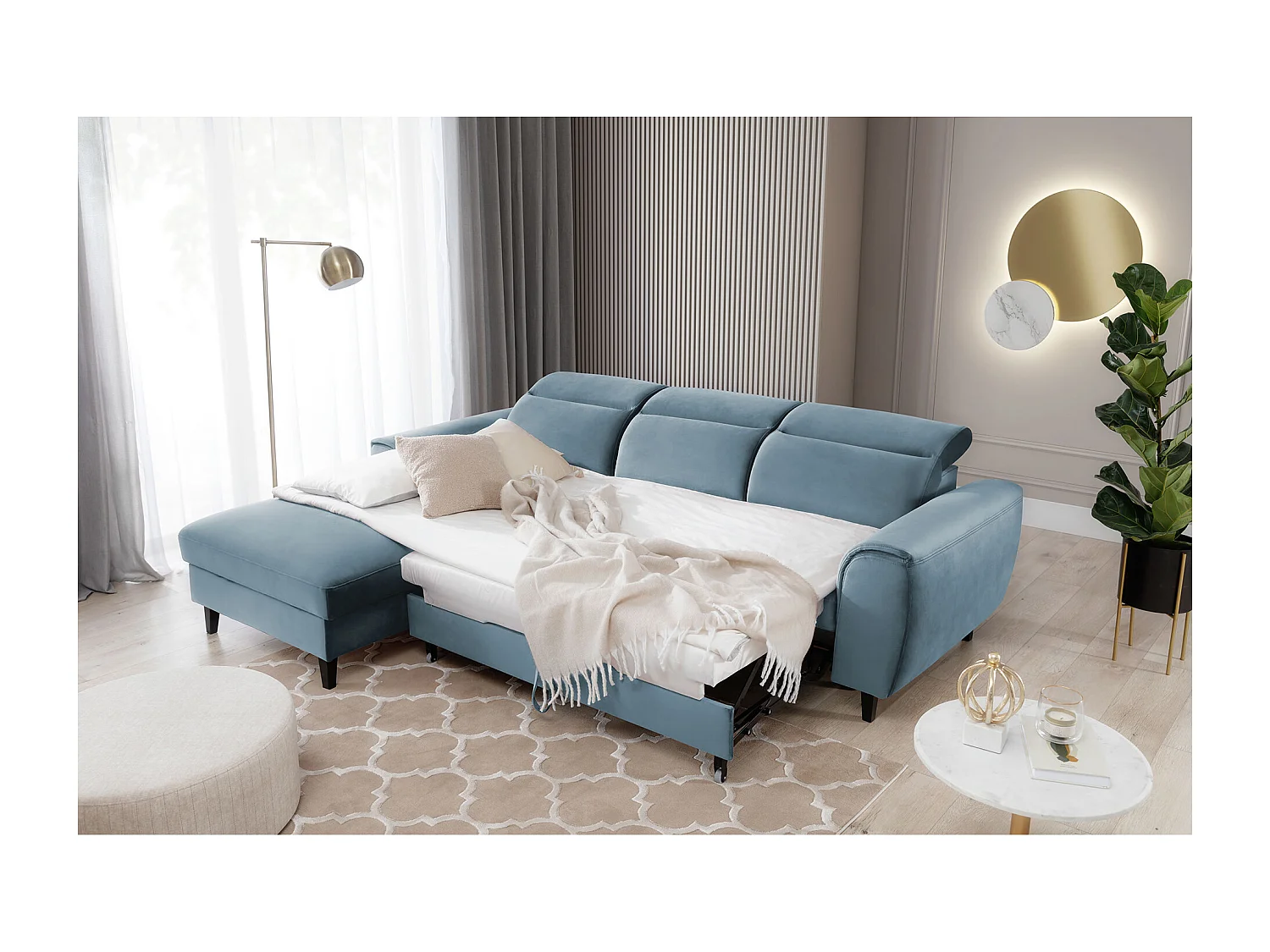 Canapé d'angle convertible velours appuis-tête réglables ASTORIA - Coffre et pieds bois noir-Bleu clair-angle gauche