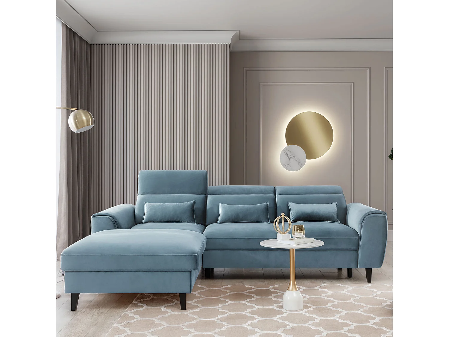 Canapé d'angle convertible velours appuis-tête réglables ASTORIA - Coffre et pieds bois noir-Bleu clair-angle gauche