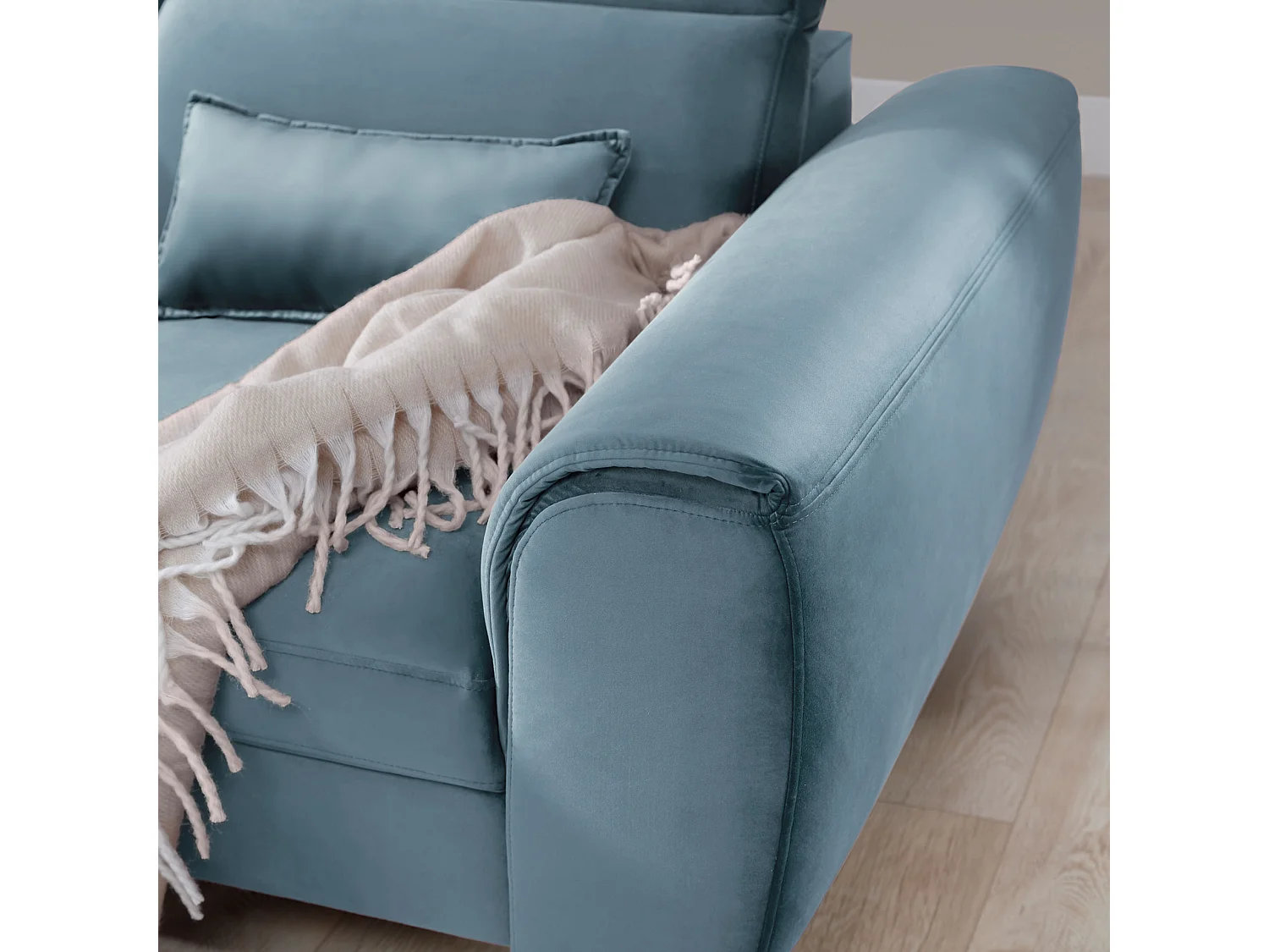 Canapé d'angle convertible velours appuis-tête réglables ASTORIA - Coffre et pieds bois noir-Bleu clair-angle gauche