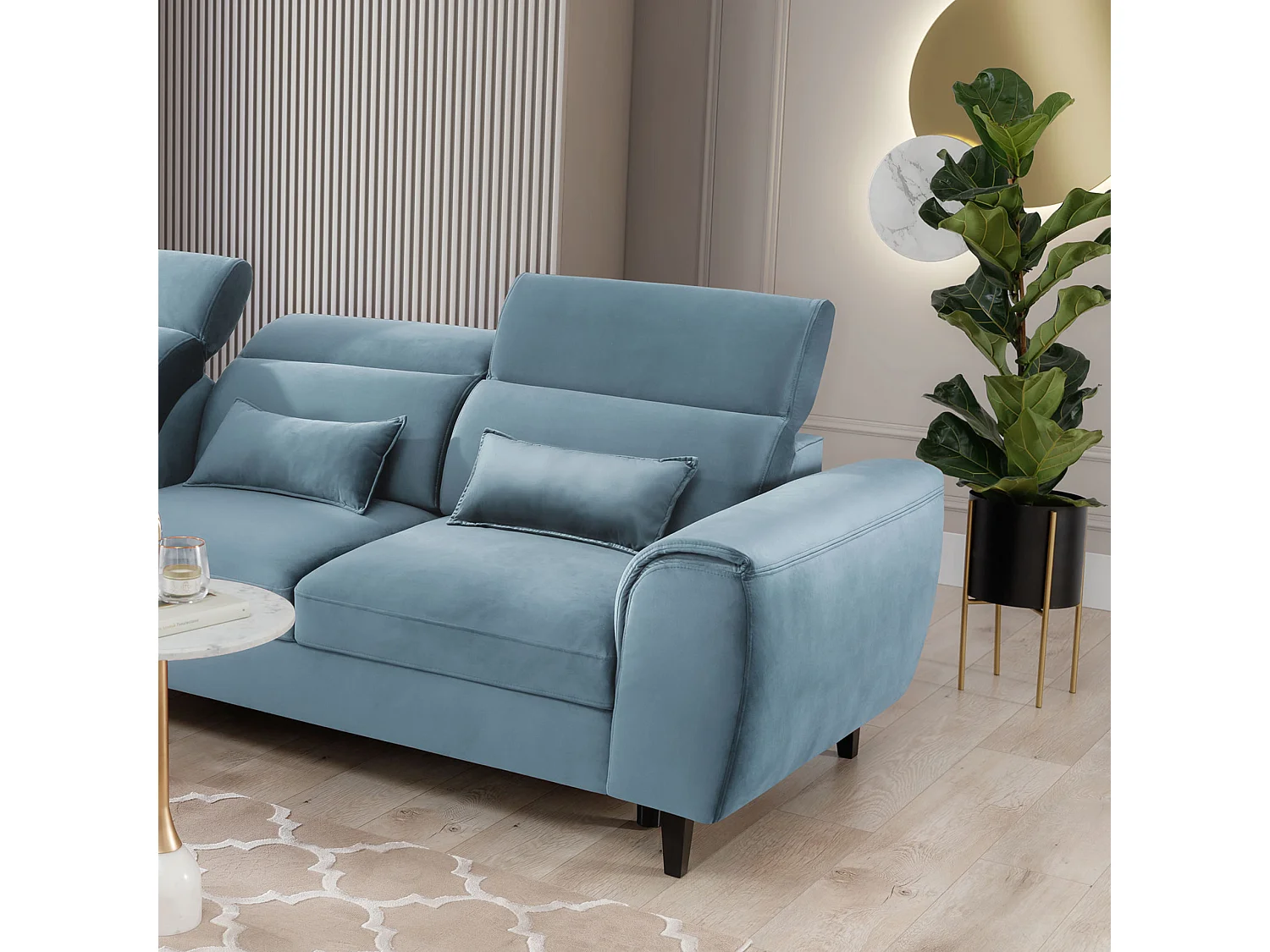 Canapé d'angle convertible velours appuis-tête réglables ASTORIA - Coffre et pieds bois noir-Bleu clair-angle gauche