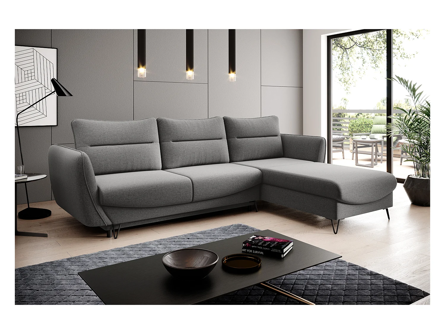 Canapé d'angle convertible tissu ZURIK - Coffre de rangement et pieds métal noir-Gris foncé-angle droit