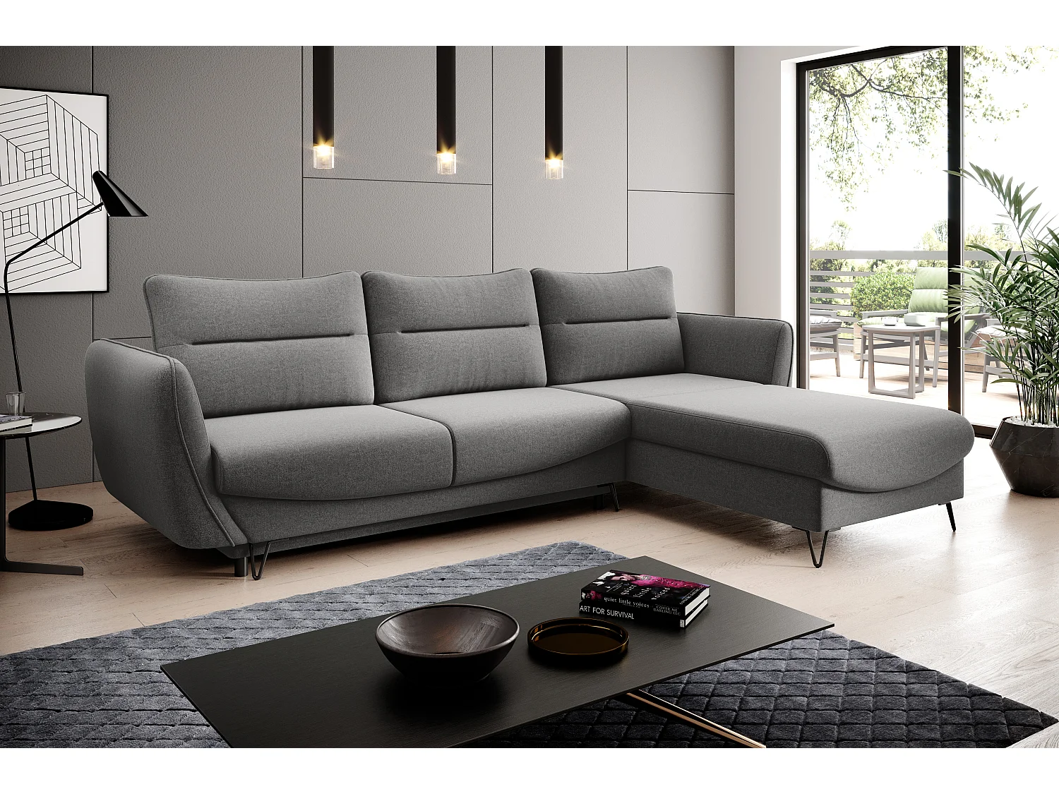 Canapé d'angle convertible tissu ZURIK - Coffre de rangement et pieds métal noir-Gris foncé-angle droit