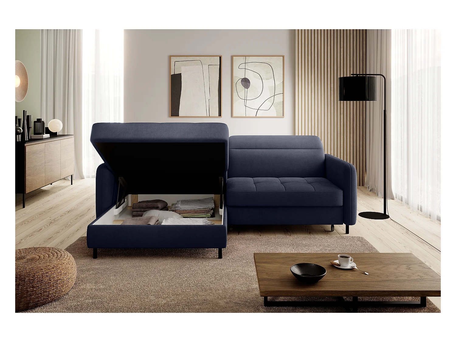 Petit canapé d’angle convertible tissu Kunder-Bleu turquin-angle gauche