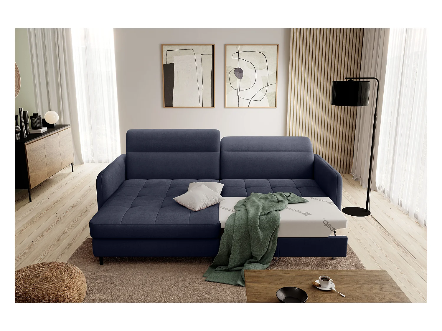 Petit canapé d’angle convertible tissu Kunder-Bleu turquin-angle gauche