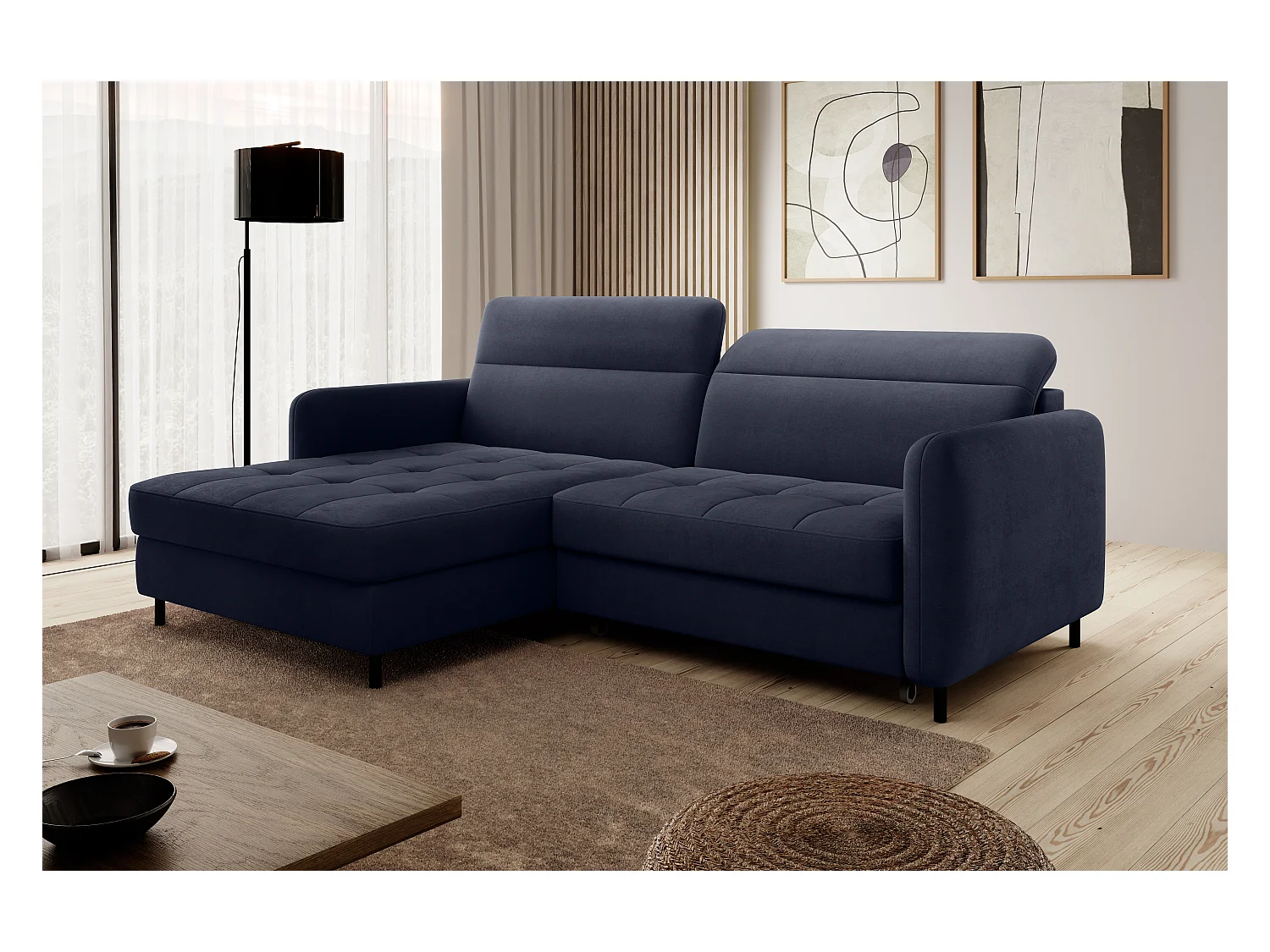 Petit canapé d’angle convertible tissu Kunder-Bleu turquin-angle gauche