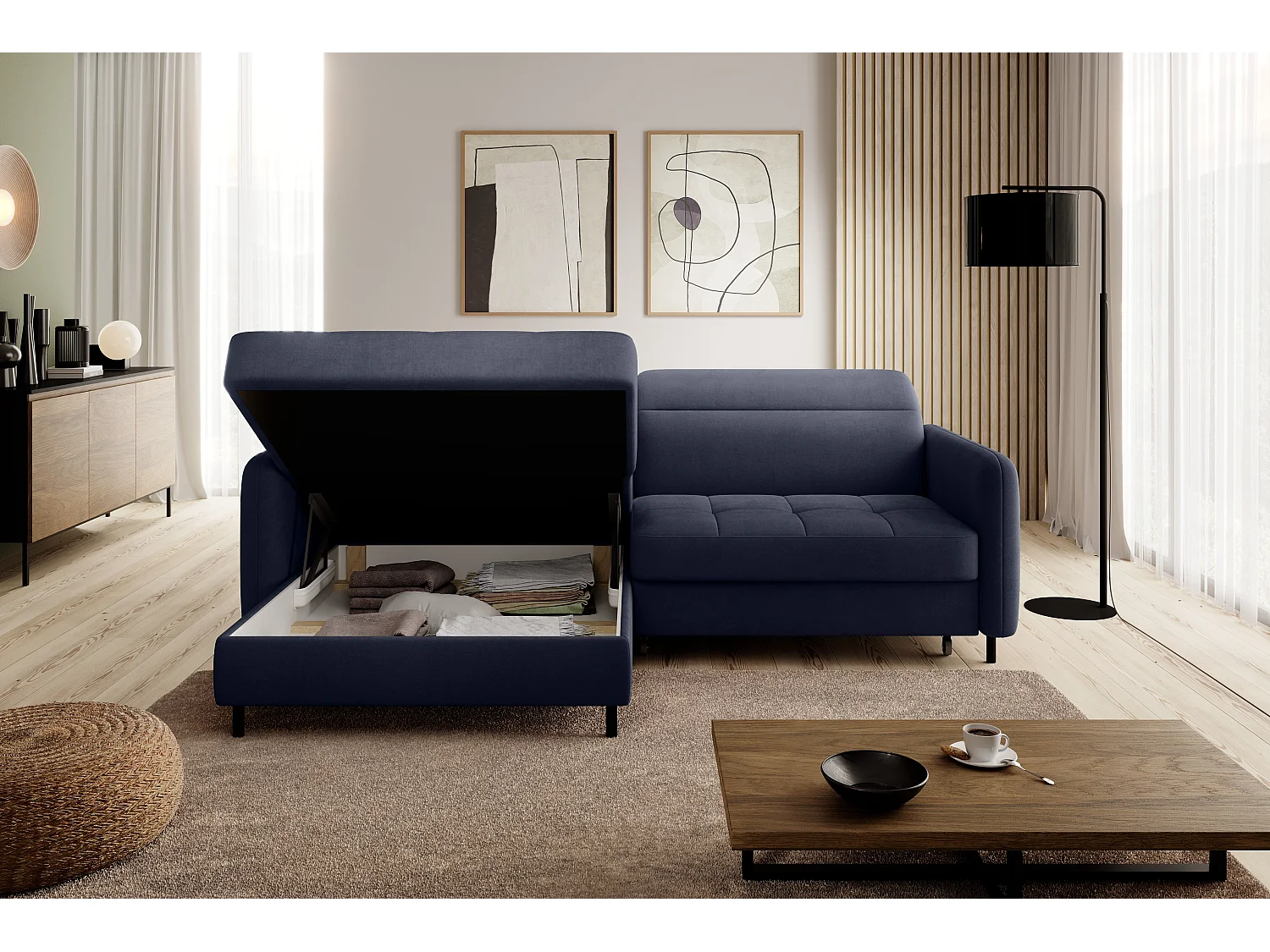 Petit canapé d’angle convertible tissu Kunder-Bleu turquin-angle gauche