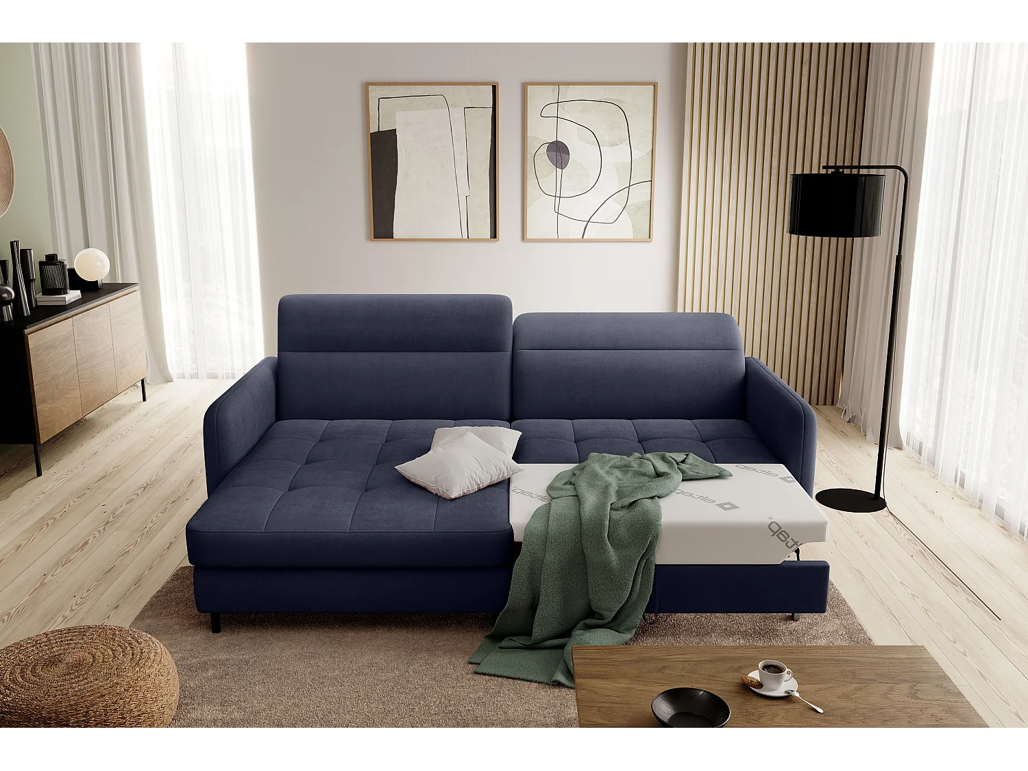 Petit canapé d’angle convertible tissu Kunder-Bleu turquin-angle gauche