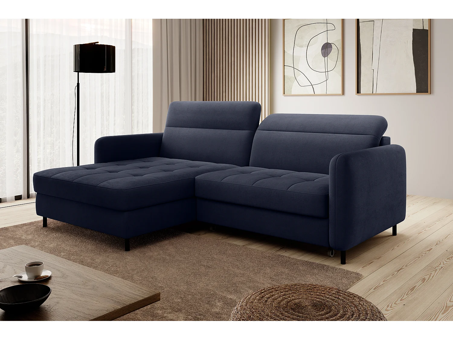 Petit canapé d’angle convertible tissu Kunder-Bleu turquin-angle gauche