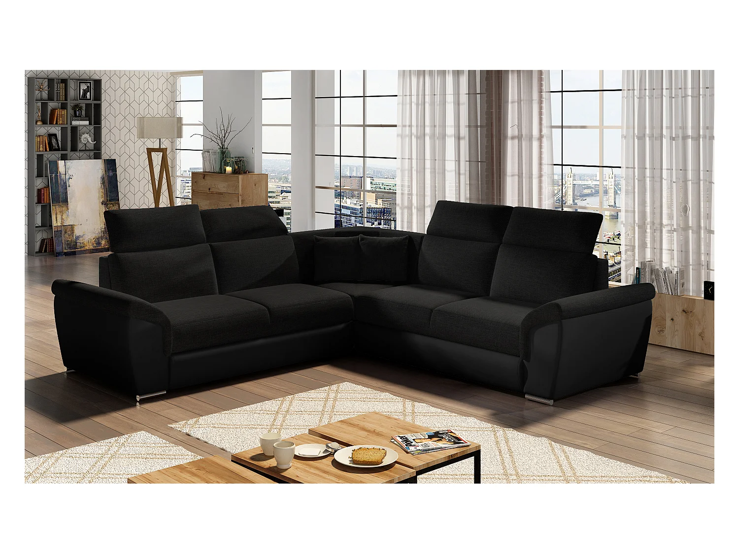 Canapé d'angle réversible et convertible bi-matières Neo - Pieds acier chromé-Noir/Noir