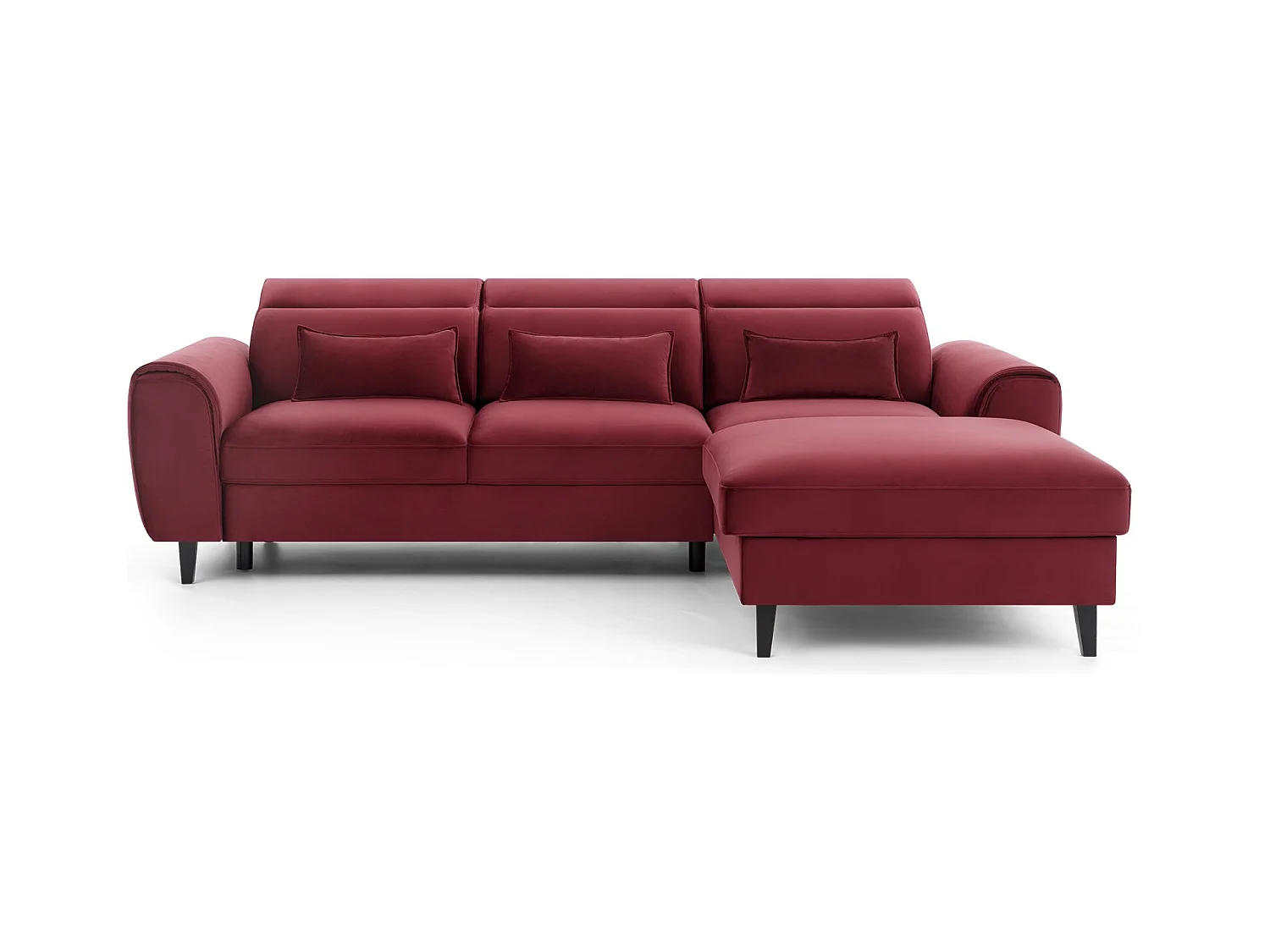 Canapé d'angle convertible velours appuis-tête réglables ASTORIA - Coffre et pieds bois noir-Rouge cerise-angle droit