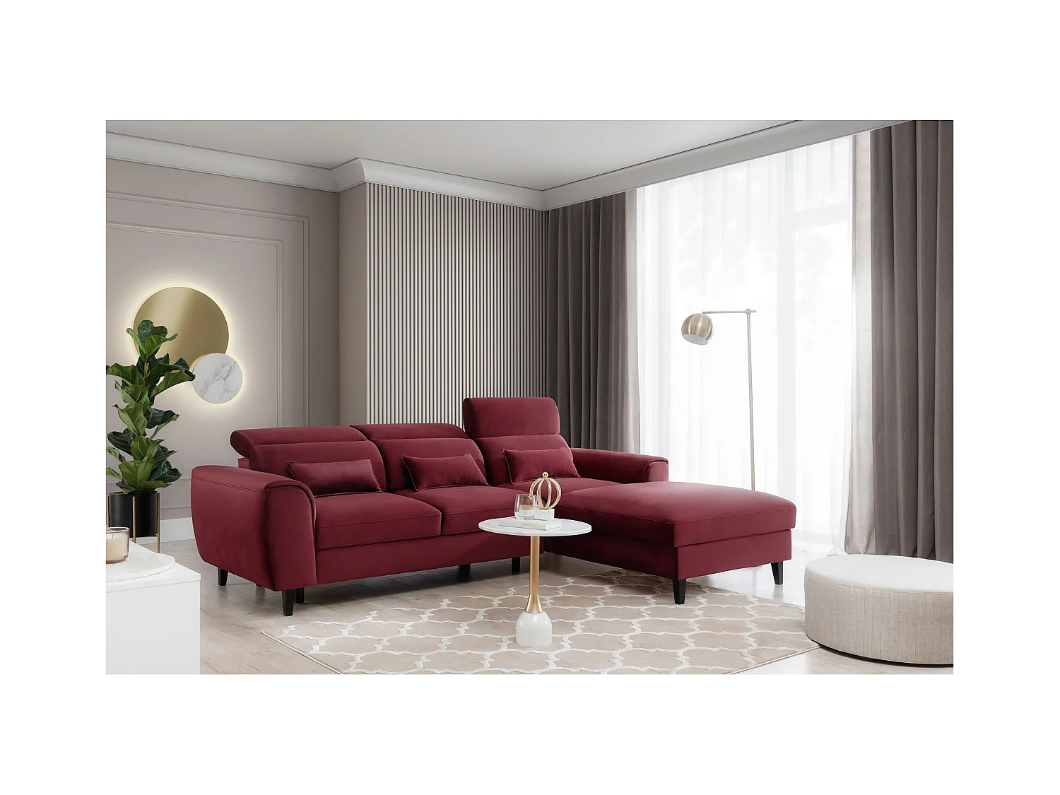 Canapé d'angle convertible velours appuis-tête réglables ASTORIA - Coffre et pieds bois noir-Rouge cerise-angle droit