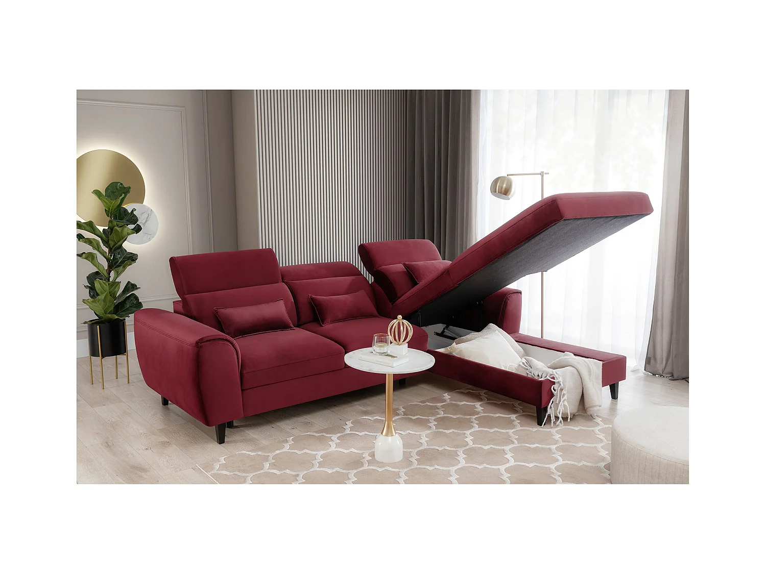 Canapé d'angle convertible velours appuis-tête réglables ASTORIA - Coffre et pieds bois noir-Rouge cerise-angle droit