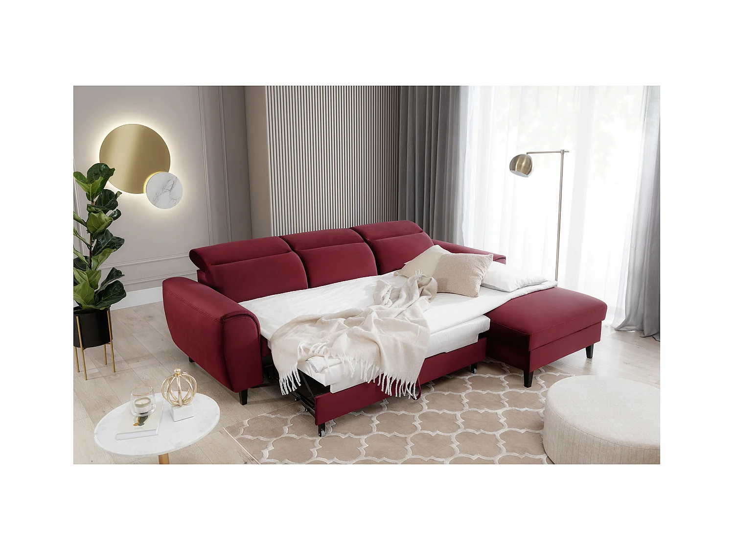 Canapé d'angle convertible velours appuis-tête réglables ASTORIA - Coffre et pieds bois noir-Rouge cerise-angle droit