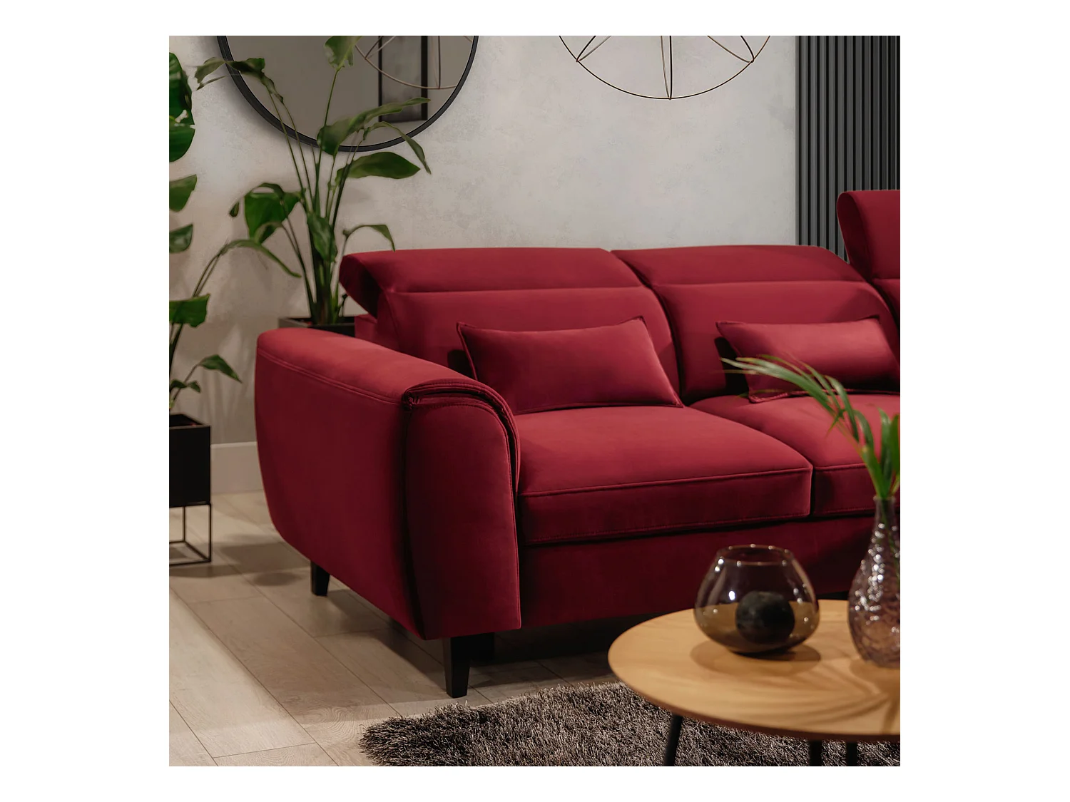 Canapé d'angle convertible velours appuis-tête réglables ASTORIA - Coffre et pieds bois noir-Rouge cerise-angle droit