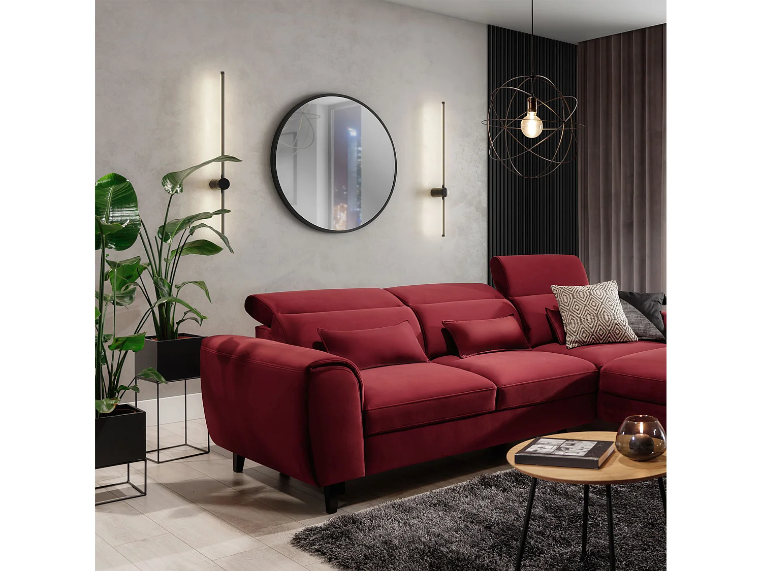 Canapé d'angle convertible velours appuis-tête réglables ASTORIA - Coffre et pieds bois noir-Rouge cerise-angle droit