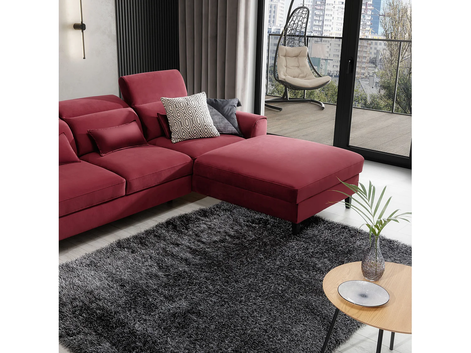 Canapé d'angle convertible velours appuis-tête réglables ASTORIA - Coffre et pieds bois noir-Rouge cerise-angle droit