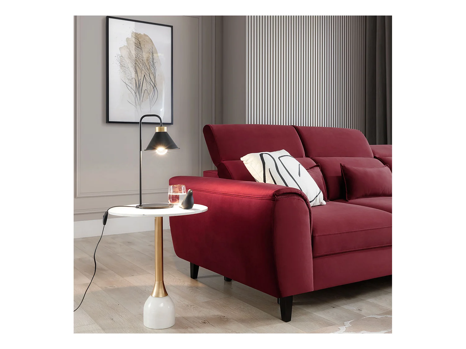 Canapé d'angle convertible velours appuis-tête réglables ASTORIA - Coffre et pieds bois noir-Rouge cerise-angle droit