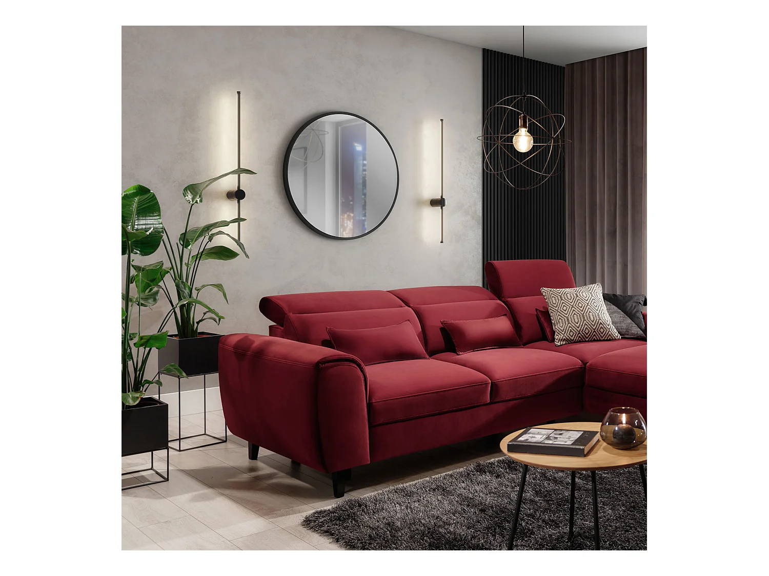 Canapé d'angle convertible velours appuis-tête réglables ASTORIA - Coffre et pieds bois noir-Rouge cerise-angle droit