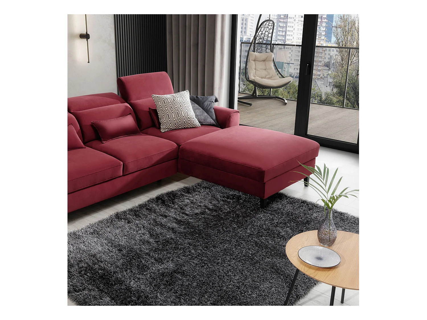 Canapé d'angle convertible velours appuis-tête réglables ASTORIA - Coffre et pieds bois noir-Rouge cerise-angle droit