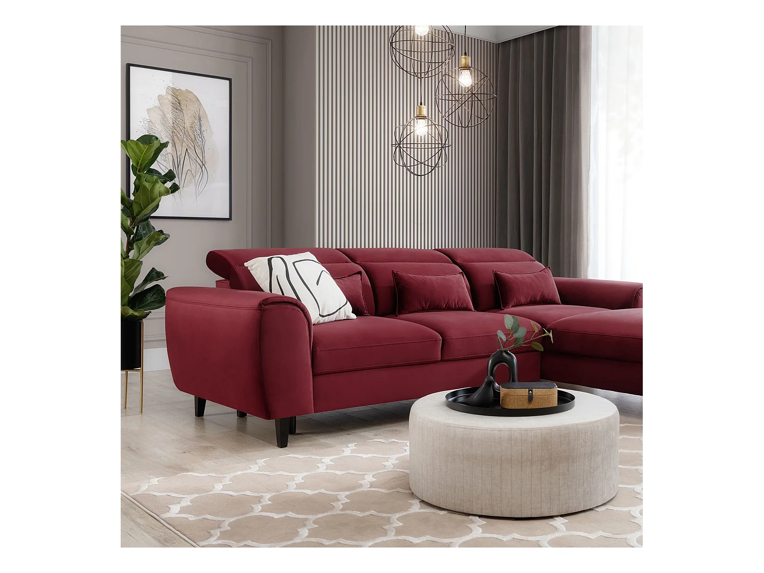 Canapé d'angle convertible velours appuis-tête réglables ASTORIA - Coffre et pieds bois noir-Rouge cerise-angle droit