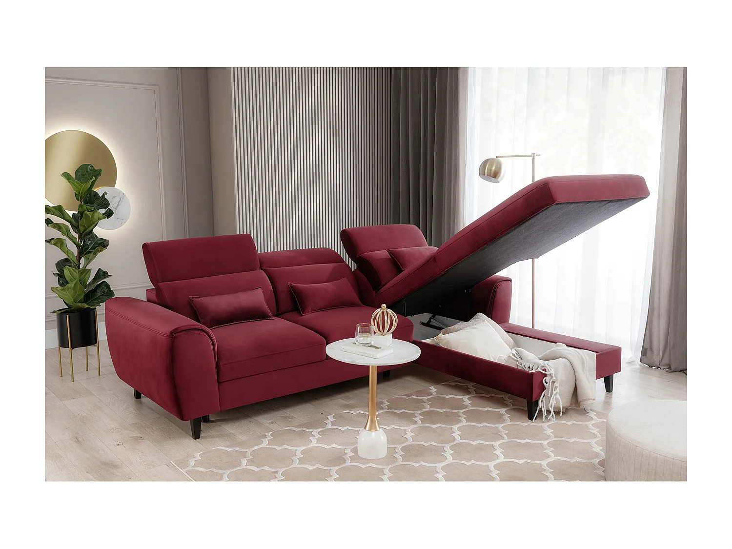 Canapé d'angle convertible velours appuis-tête réglables ASTORIA - Coffre et pieds bois noir-Rouge cerise-angle droit