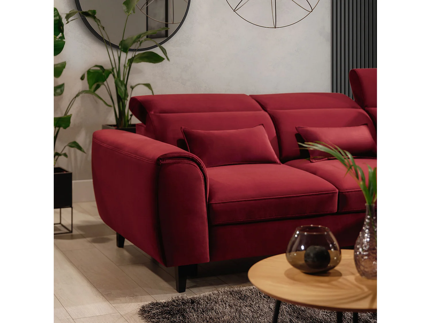 Canapé d'angle convertible velours appuis-tête réglables ASTORIA - Coffre et pieds bois noir-Rouge cerise-angle droit