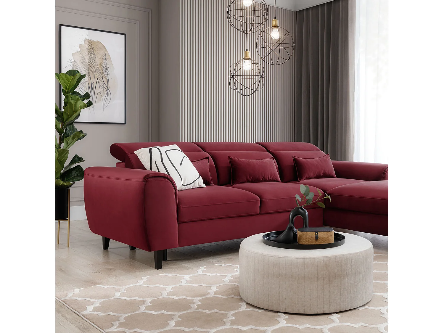 Canapé d'angle convertible velours appuis-tête réglables ASTORIA - Coffre et pieds bois noir-Rouge cerise-angle droit