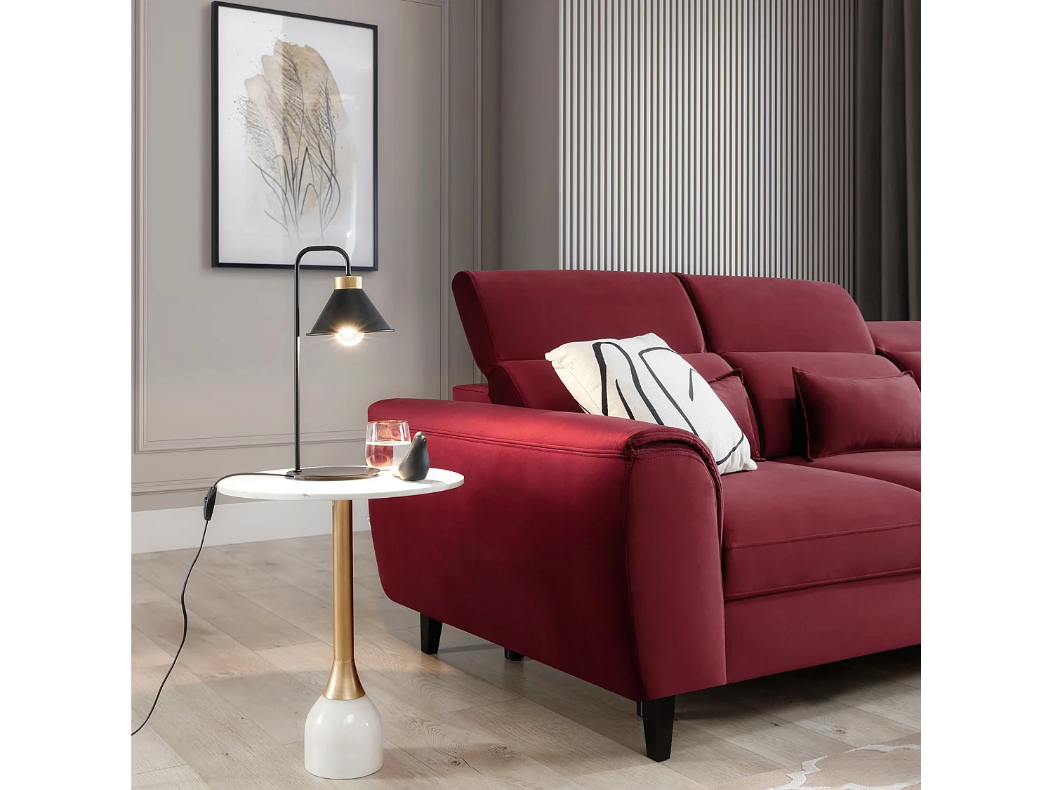 Canapé d'angle convertible velours appuis-tête réglables ASTORIA - Coffre et pieds bois noir-Rouge cerise-angle droit