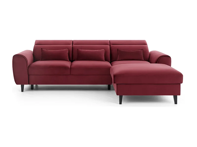 Canapé d'angle convertible velours appuis-tête réglables ASTORIA - Coffre et pieds bois noir-Rouge cerise-angle droit