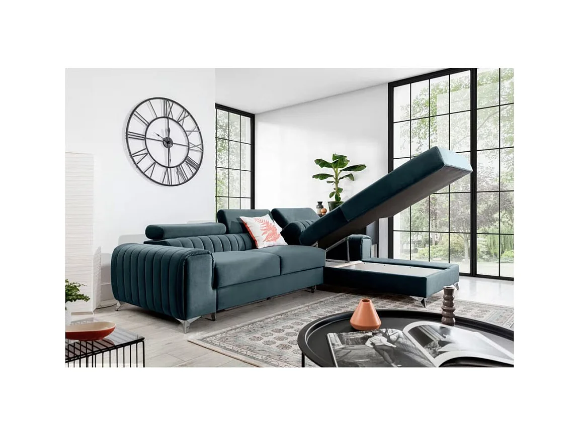 Canapé d'angle convertible velours têtière réglables GRENKY - Coffre, pieds acier chromé-Bleu canard-angle droit