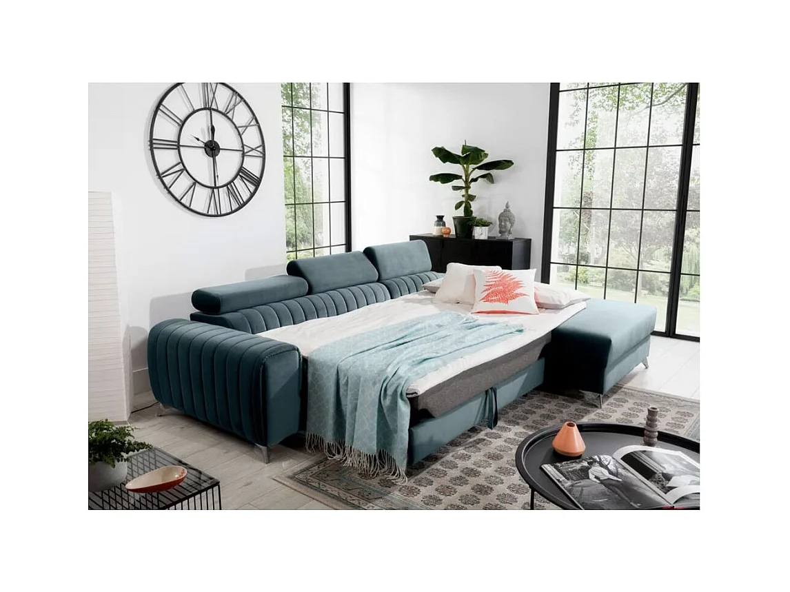 Canapé d'angle convertible velours têtière réglables GRENKY - Coffre, pieds acier chromé-Bleu canard-angle droit