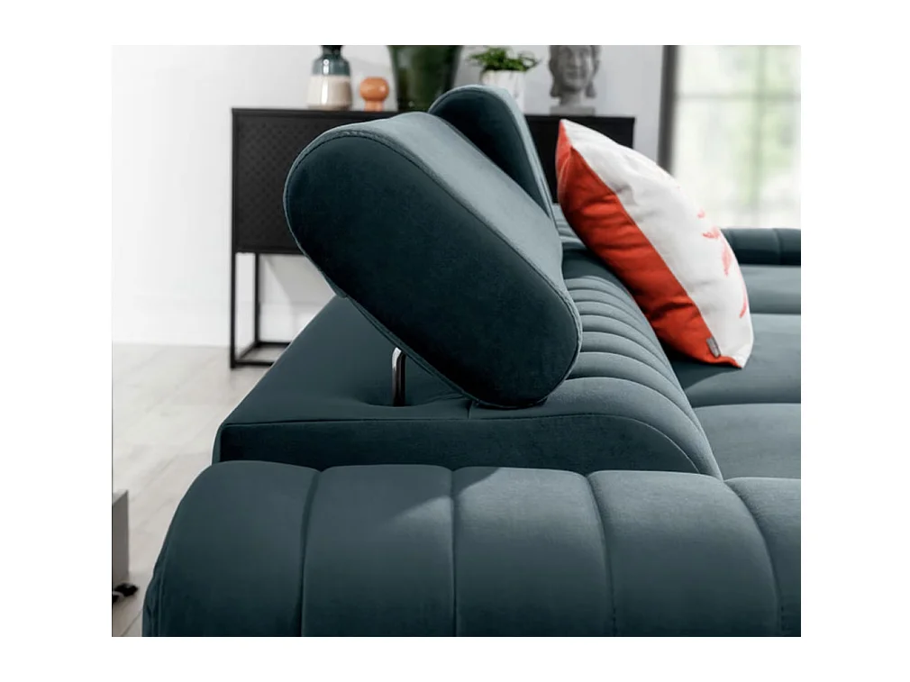 Canapé d'angle convertible velours têtière réglables GRENKY - Coffre, pieds acier chromé-Bleu canard-angle droit