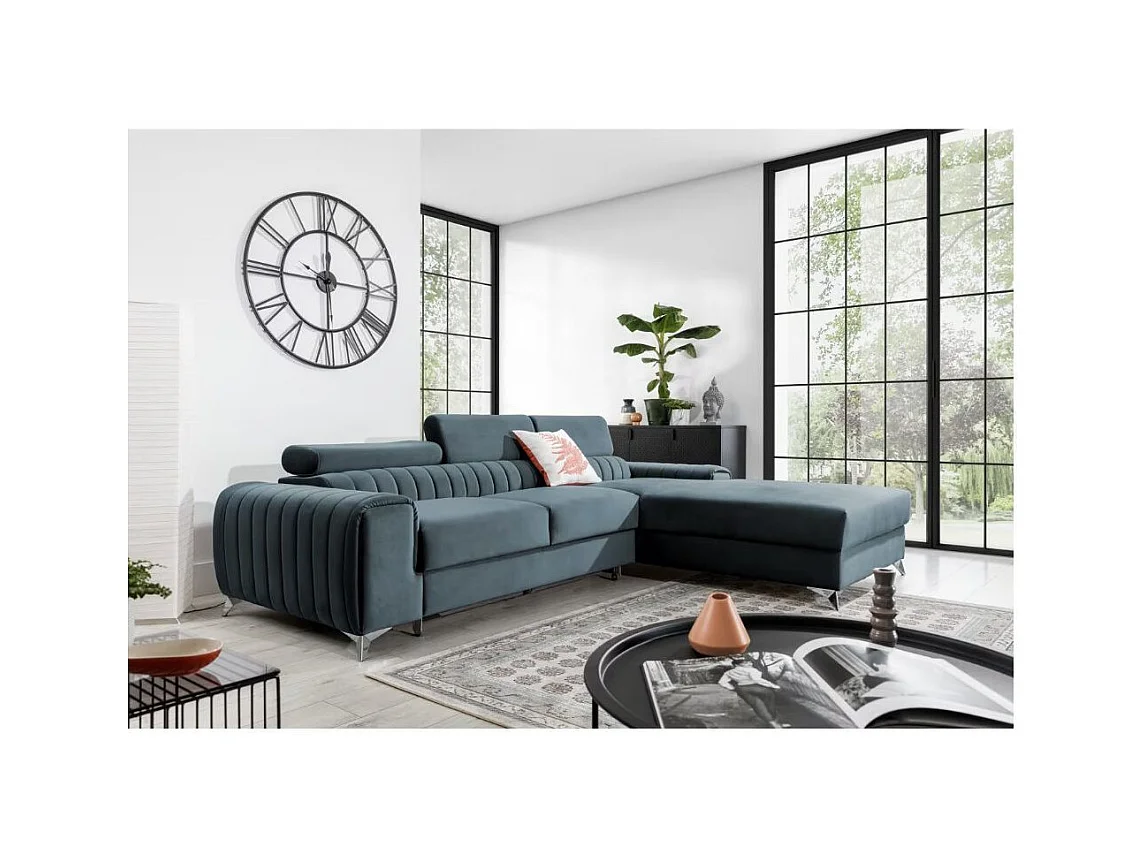 Canapé d'angle convertible velours têtière réglables GRENKY - Coffre, pieds acier chromé-Bleu canard-angle droit